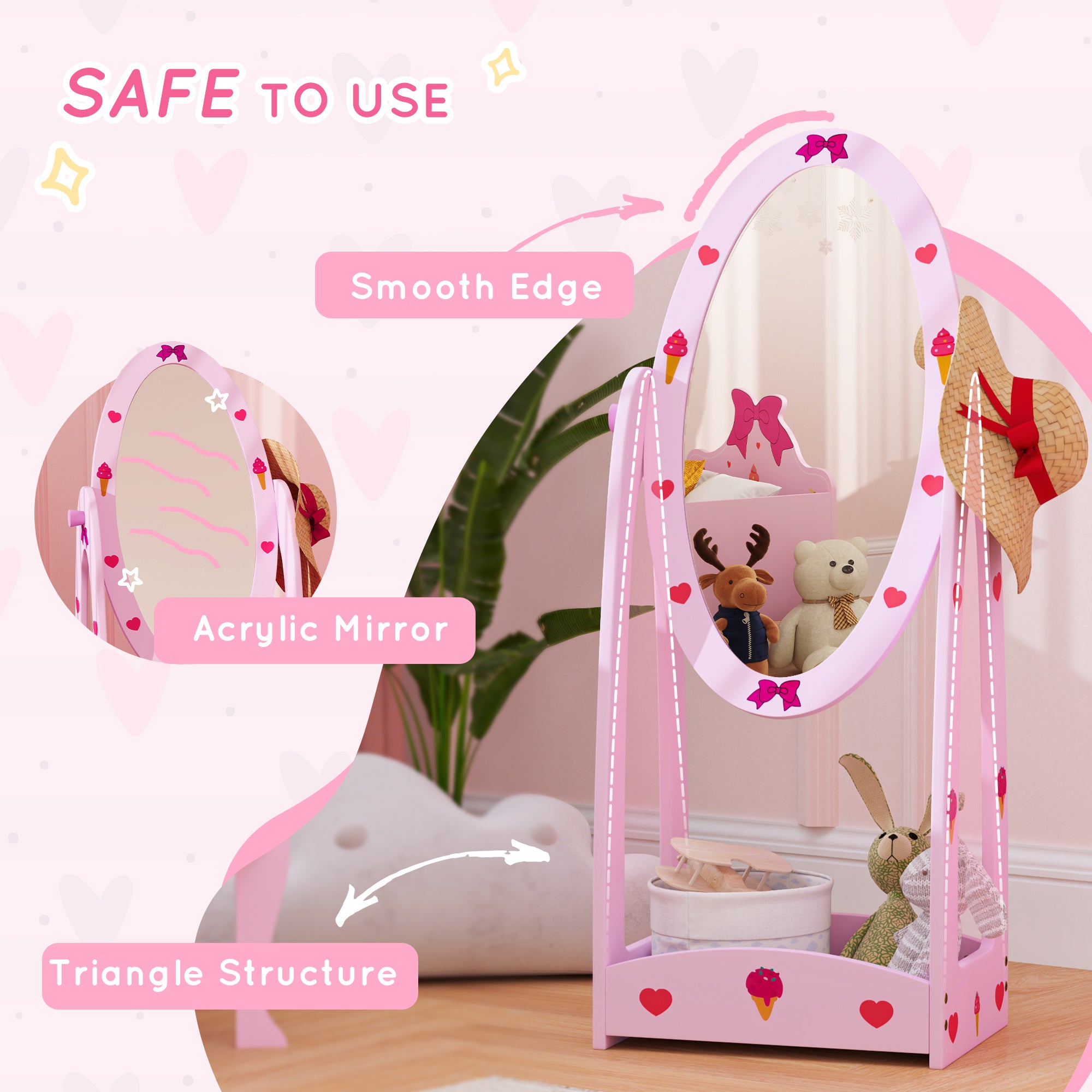 AIYAPLAY Kids Full Length Mirror, 360° Rotating Children Standing Mirror with Storage Shelf, Hot Pink - North Peak Garden Furniture