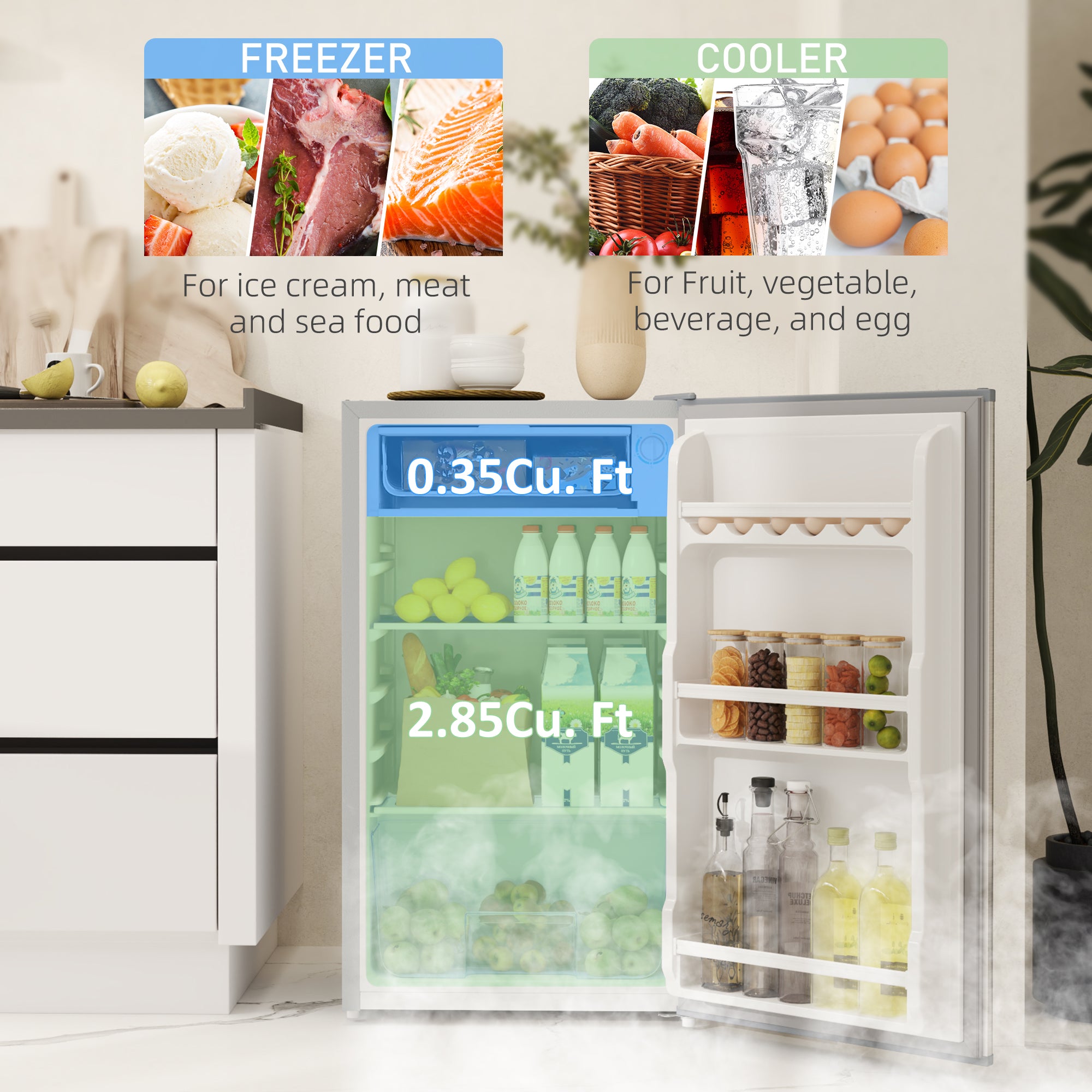 HOMCOM 91L Freestanding Under-Counter Fridge with Lock - Silver Tone - North Peak Garden Furniture