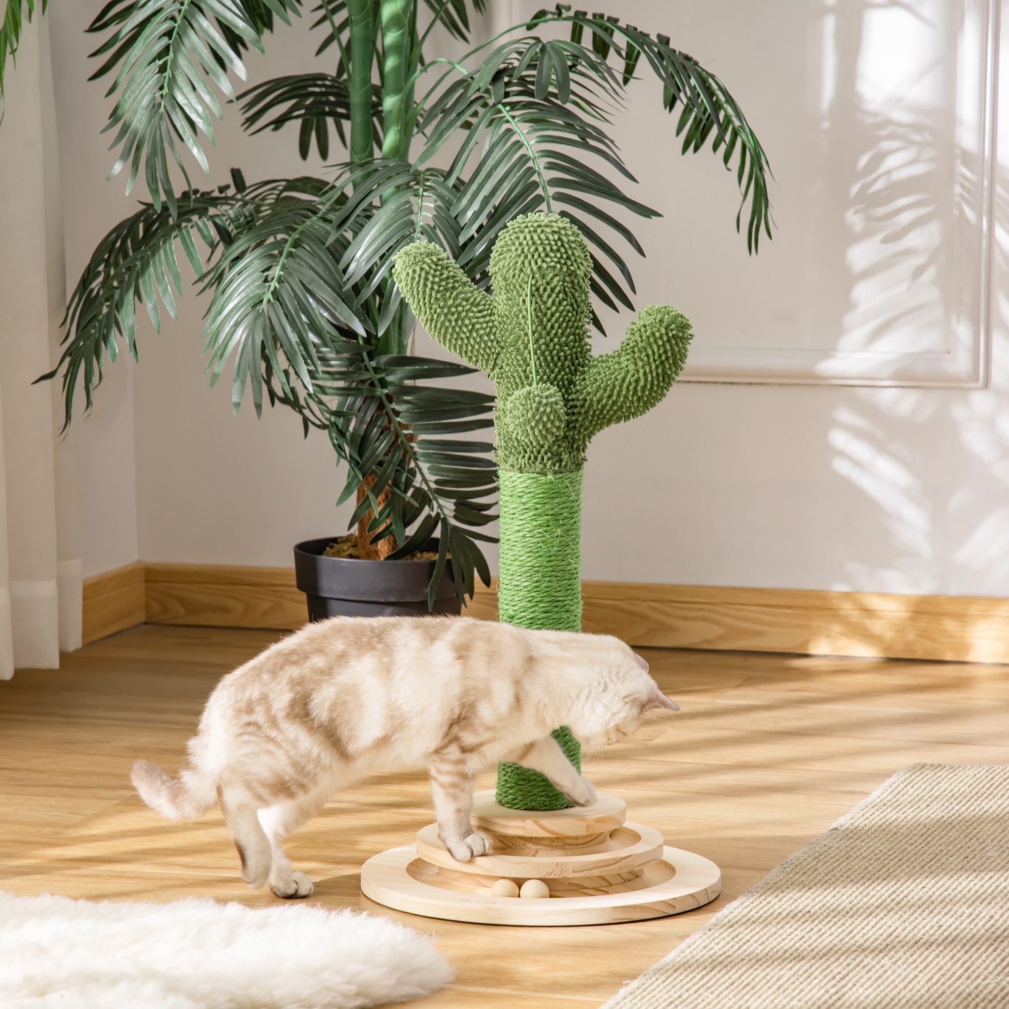 PawHut Cat Tree Cactus Sisal Scratching Post for Indoor Cats Play Tower Kitten Furniture with Hanging Ball Interactive Fun Roller Exerciser 32 x 32 x 60cm - North Peak Garden Furniture