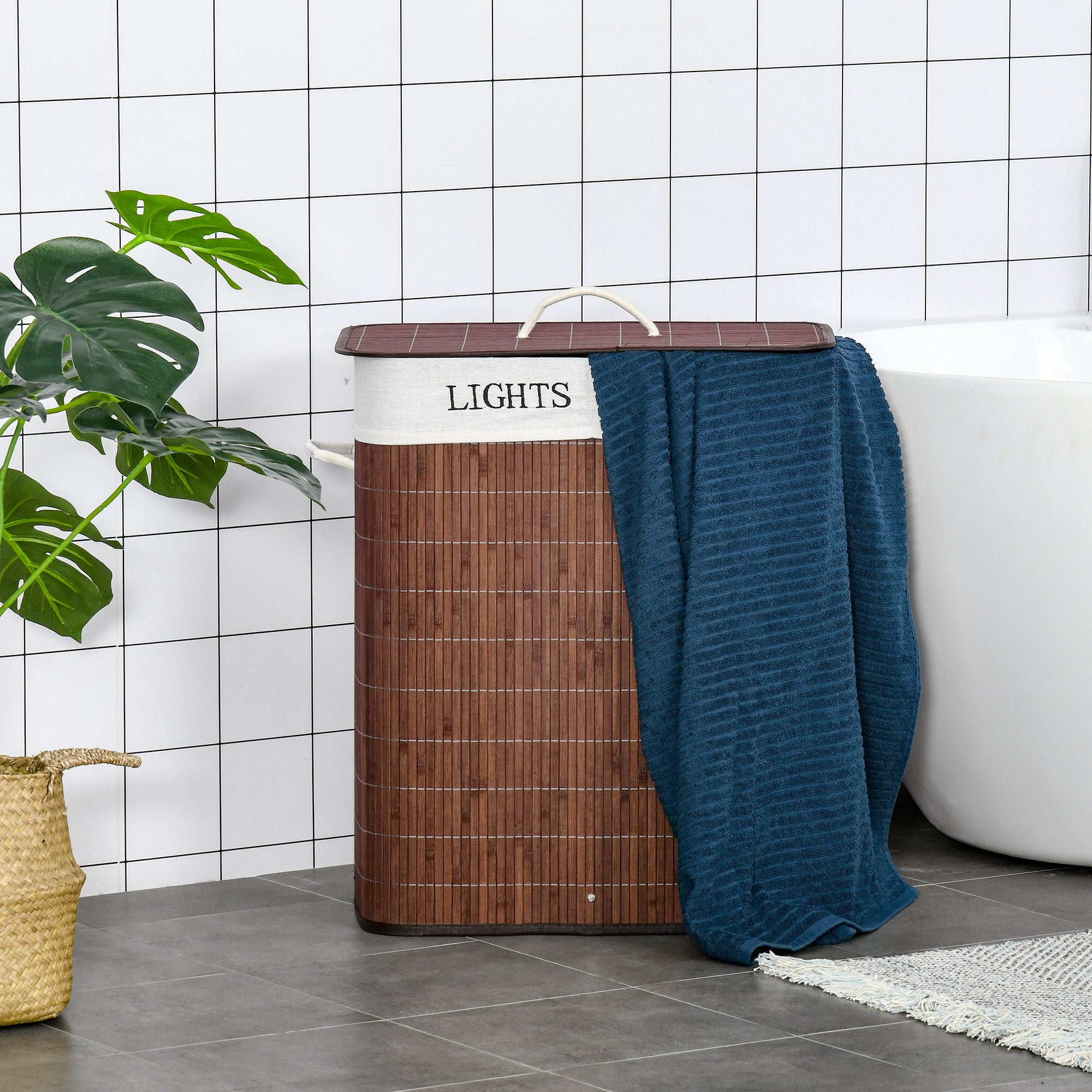 HOMCOM 100L Laundry Basket with Lid String Handles, 2 Section Collapsible Hamper Removable Lining Foldable Water-Resistant Dirty Clothes Storage, Brown - North Peak Garden Furniture