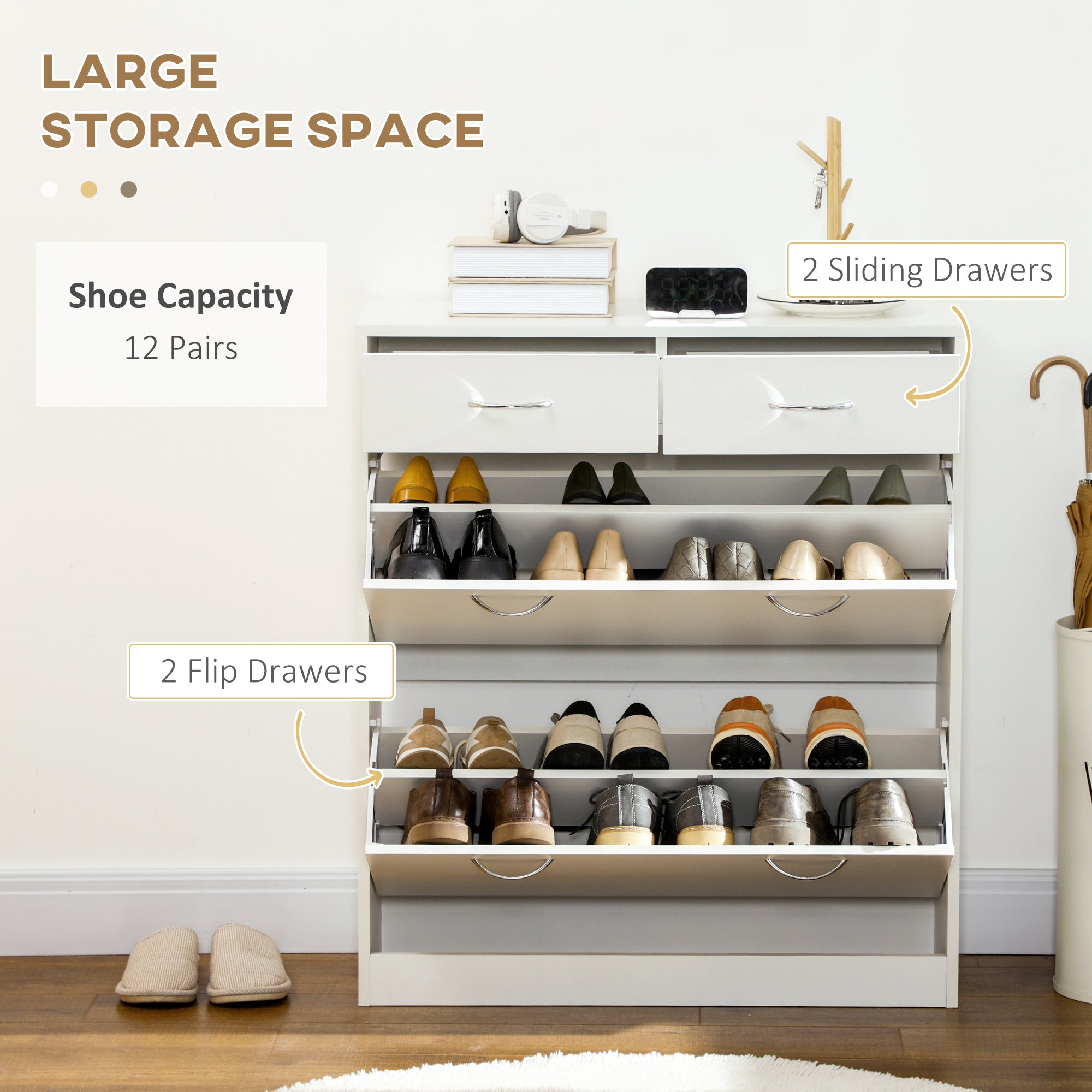 HOMCOM Narrow Shoe Storage with 2 Flip Drawers and Adjustable Shelves Shoe Cabinet Organizer for 12 Pairs of Shoes, White - North Peak Garden Furniture