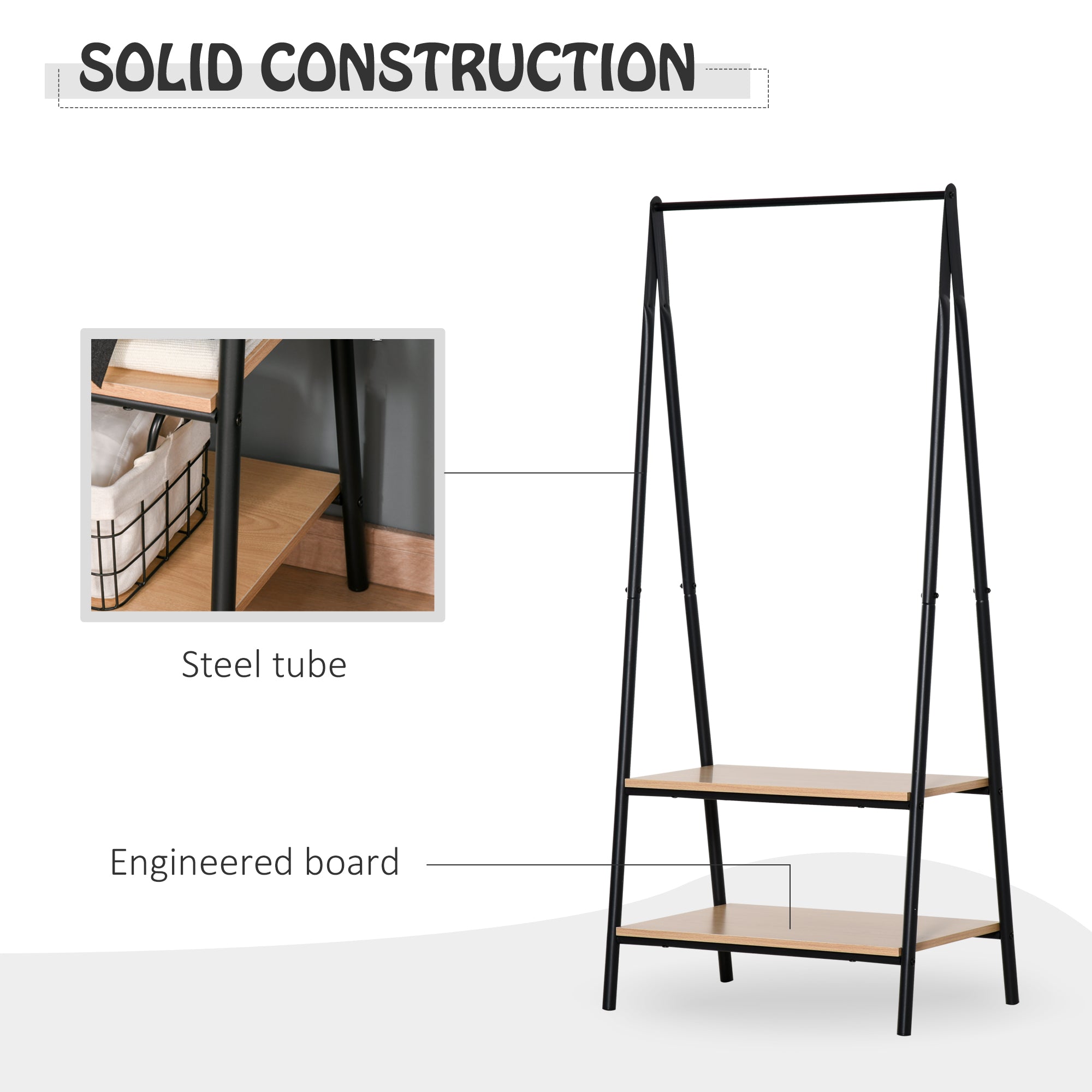 HOMCOM Clothes Rail, Freestanding Metal Clothes Rack with 2 Tier Storage Shelves for Bedroom and Entryway, 64 x 42.5 x 149 cm, Black Frame - North Peak Garden Furniture