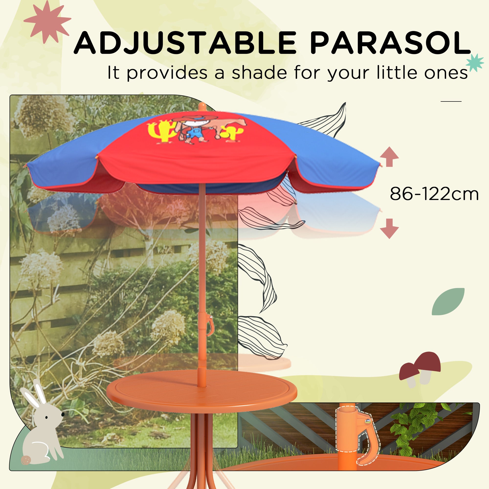 Outsunny Kids Picnic Table and Chair Set, Cowboy Themed Outdoor Garden Furniture w/ Foldable Chairs, Adjustable Parasol