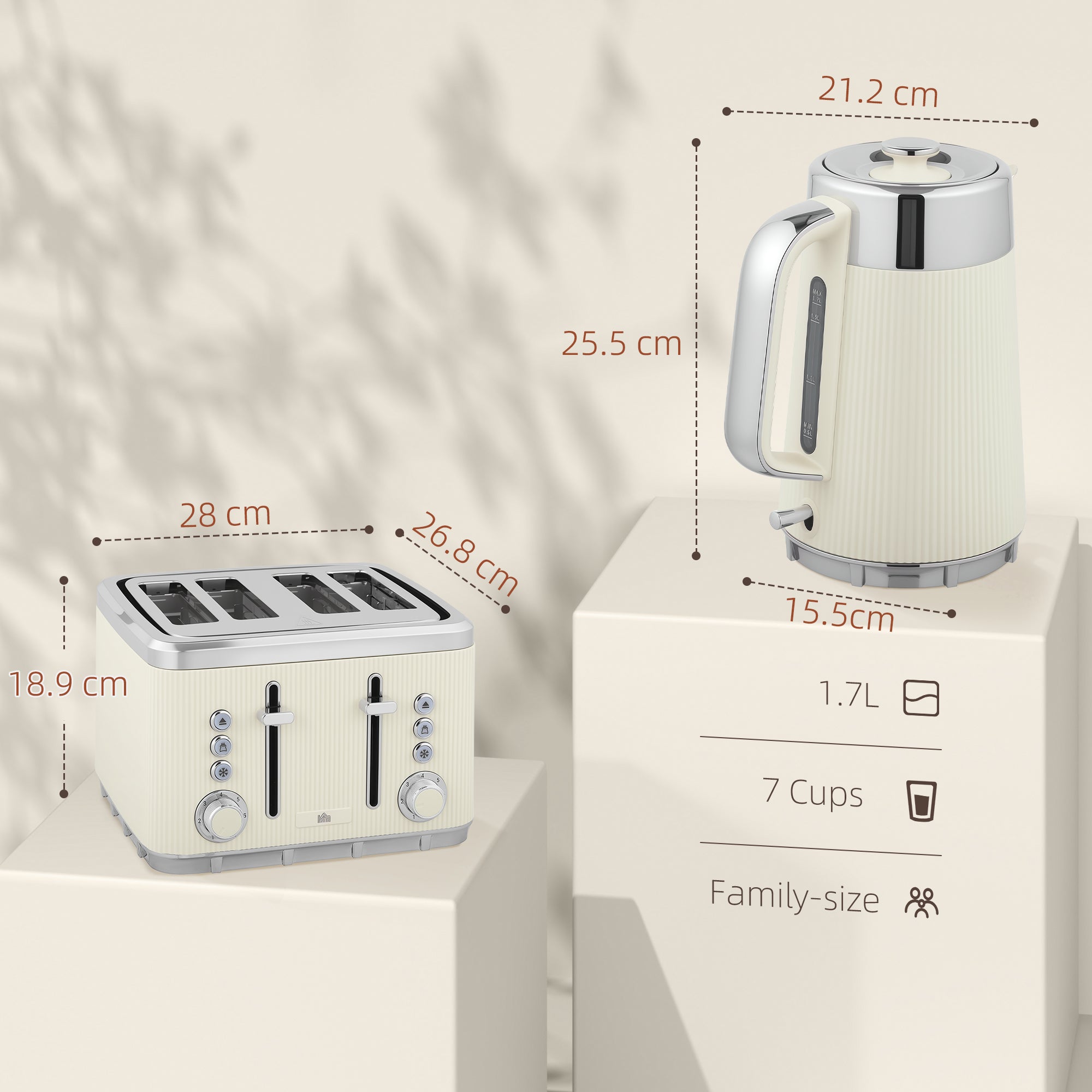 HOMCOM Electric Kettle and Toaster Set, 3000W 1.7L UK Strix Thermostat Rapid Boil Jug Kettle with Limescale Filter, Cool Touch Body, 4 Slice Toaster with 7 Browning Controls, Crumb Tray, Cream