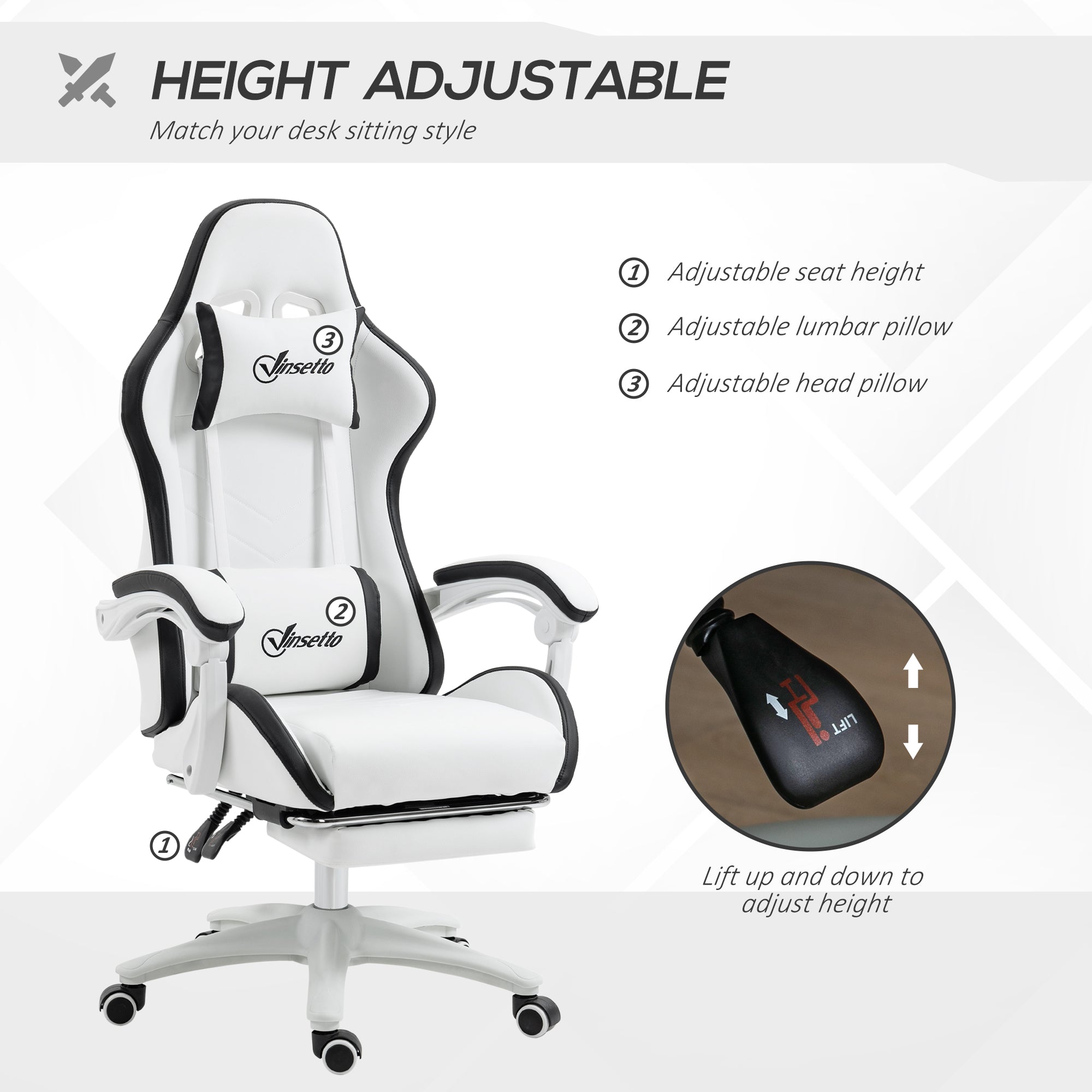 Vinsetto Computer Gaming Chair, PU Leather Desk Chair with Footrest, Swivel Task Chair with 135° Reclining Back and Lumbar Support, PC Chair for Adults, White and Black - North Peak Garden Furniture