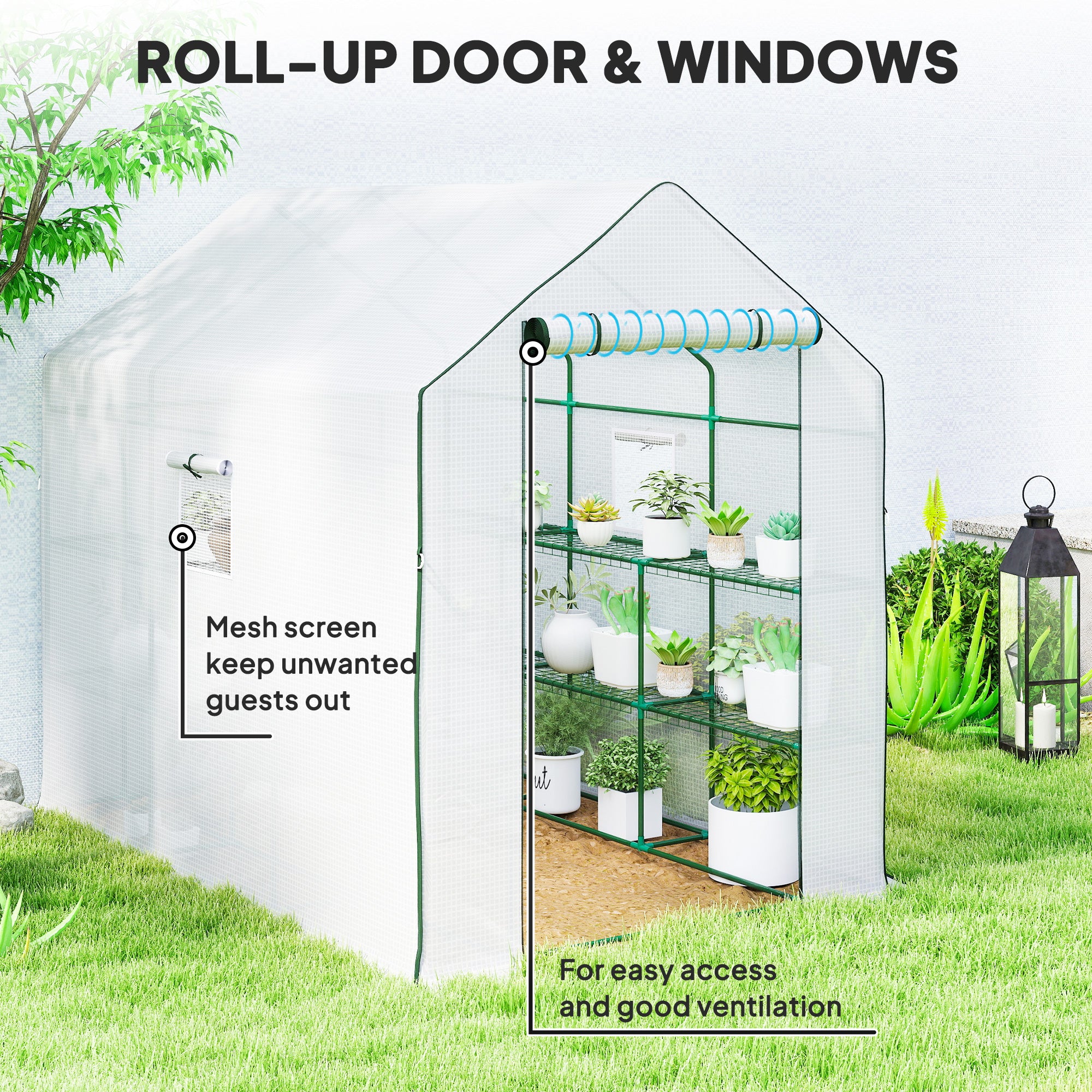 Outsunny Walk-in Greenhouse with 3 Tier Shelves, Outdoor Green House Garden Grow House with Reinforced PE Cover, Roll-up Door and Mesh Windows, 140 x 213 x 190cm, White