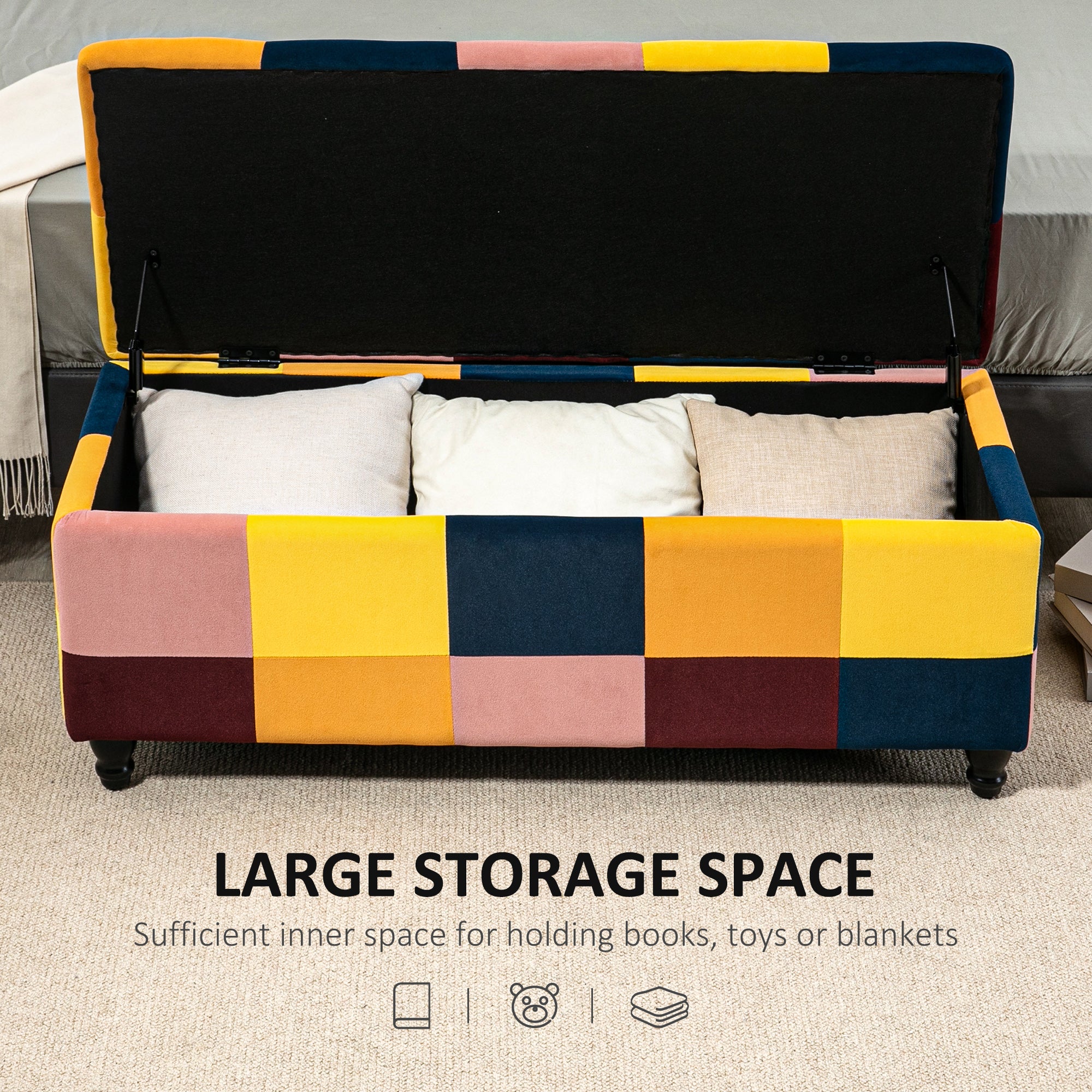 HOMCOM 114 x 47 x 47cm Velvet Storage Ottoman, Button-tufted Footstool Box, Toy Chest with Lid for Living Room, Bedroom, Multicoloured - North Peak Garden Furniture