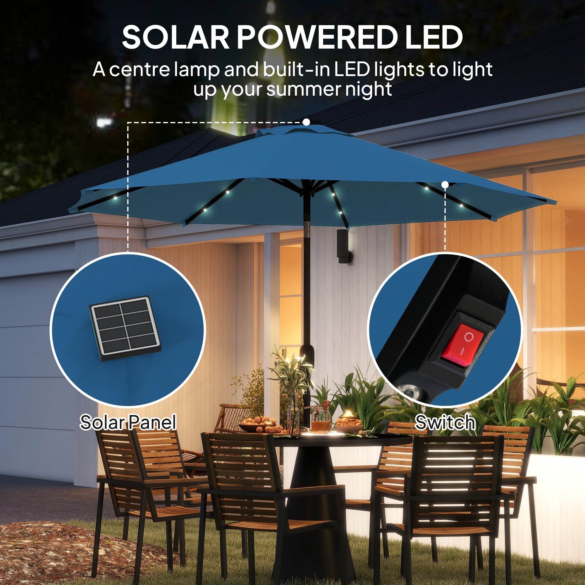 Outsunny 2.7m LED Light Parasol Umbrella - Blue - North Peak Garden Furniture