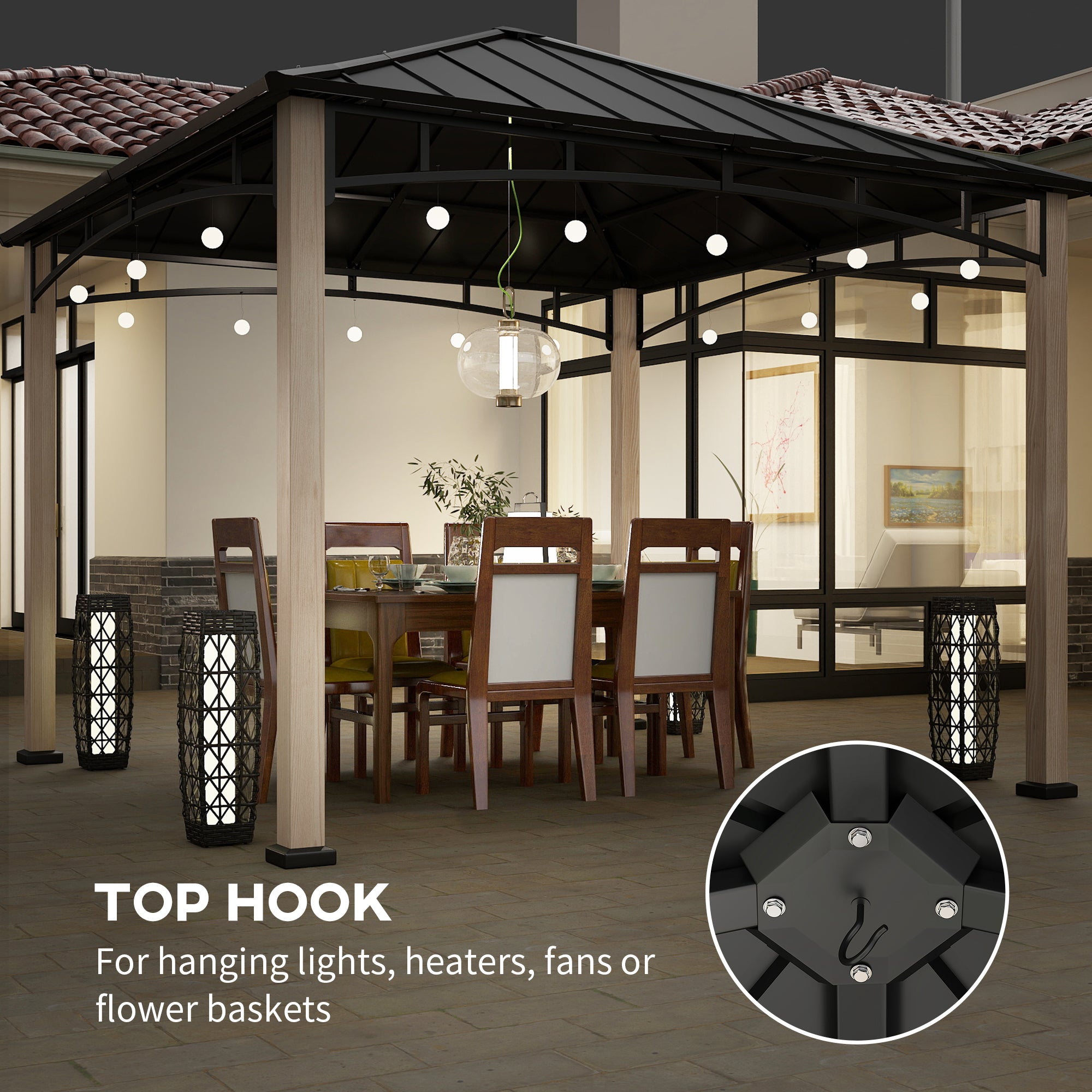 Outsunny 3 x 3 m Decorative Metal Gazebo - Black/Wood-Effect - North Peak Garden Furniture