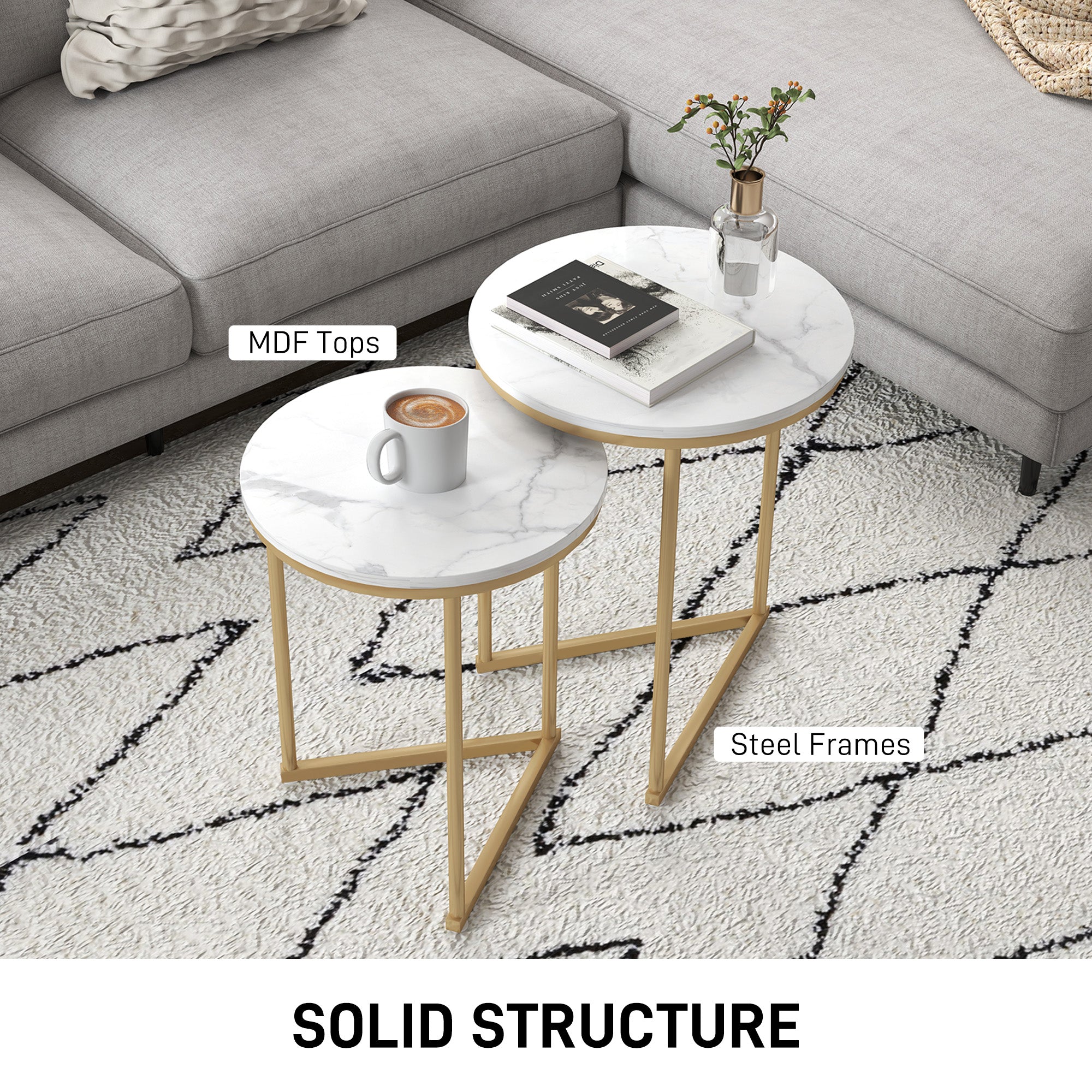 HOMCOM Set of Two Marble-Effect Nest of Tables - White/Gold-Tone - North Peak Garden Furniture