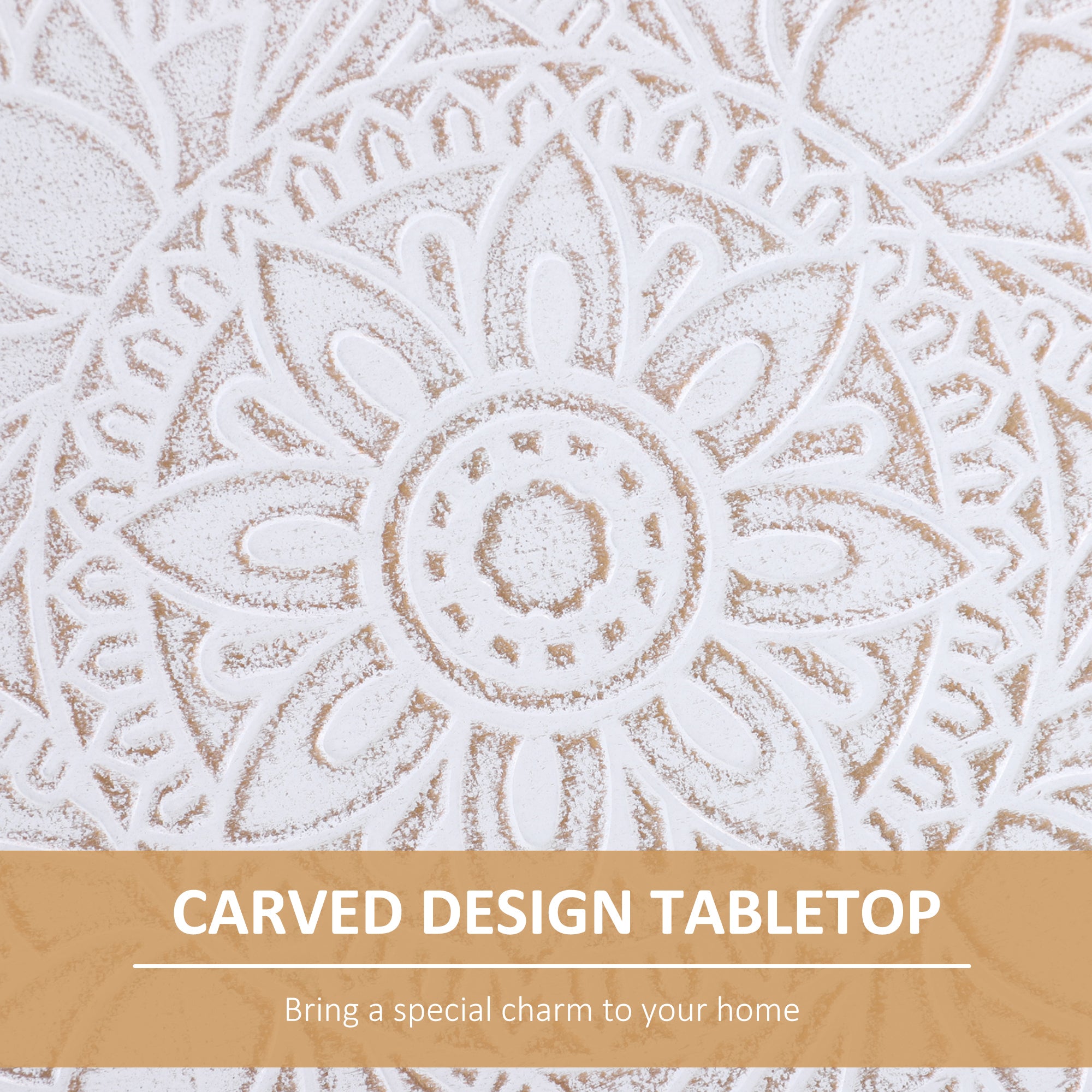 HOMCOM Coffee Table, Carved Floral Round Table with Tray-style Top and Wood Legs, Modern Side Table for Living Room, Set of 2, White - North Peak Garden Furniture