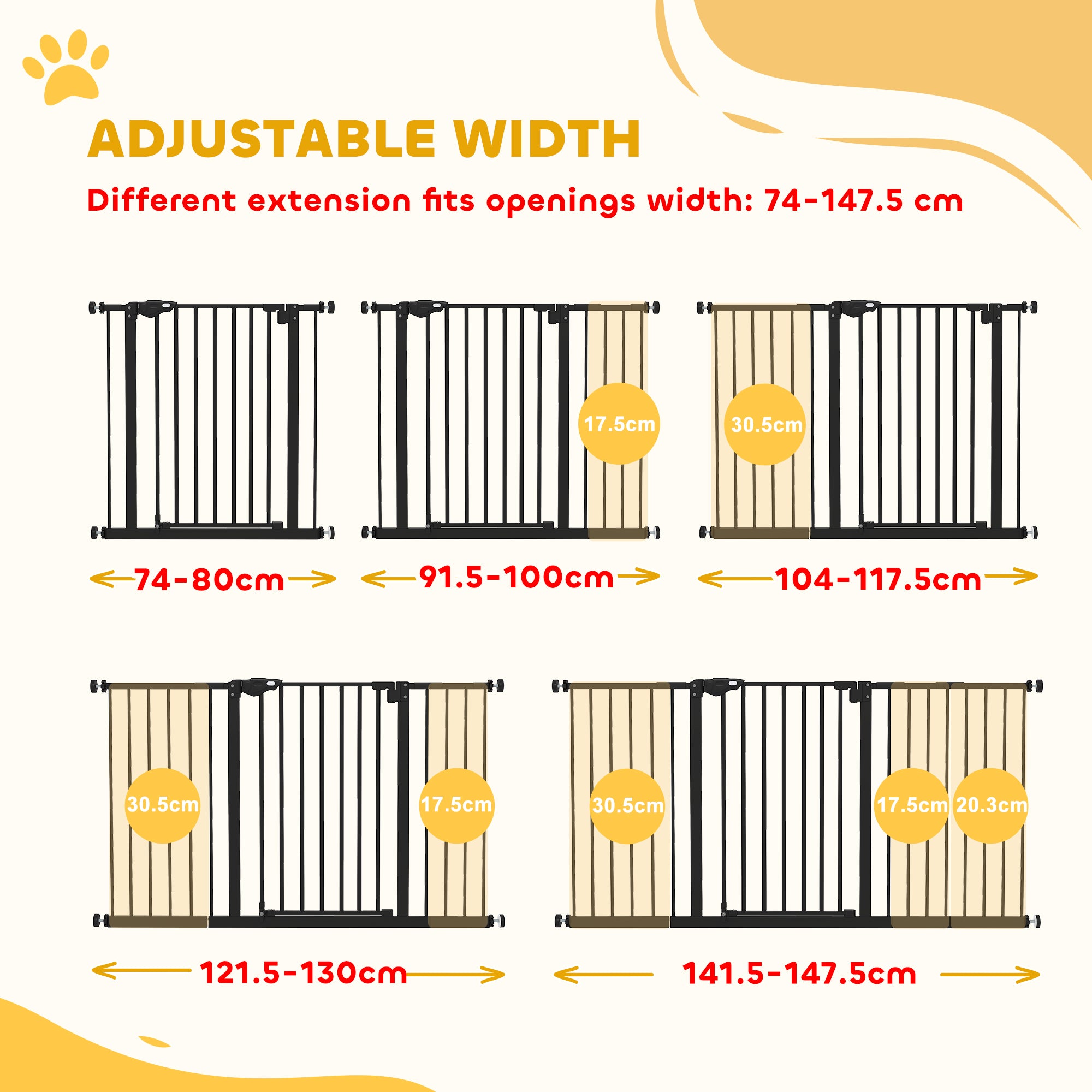 PawHut Dog Gate Stair Gate Pressure Fit Pets Barrier Auto Close for Doorway Hallway, 74-148cm Wide Adjustable, Black - North Peak Garden Furniture