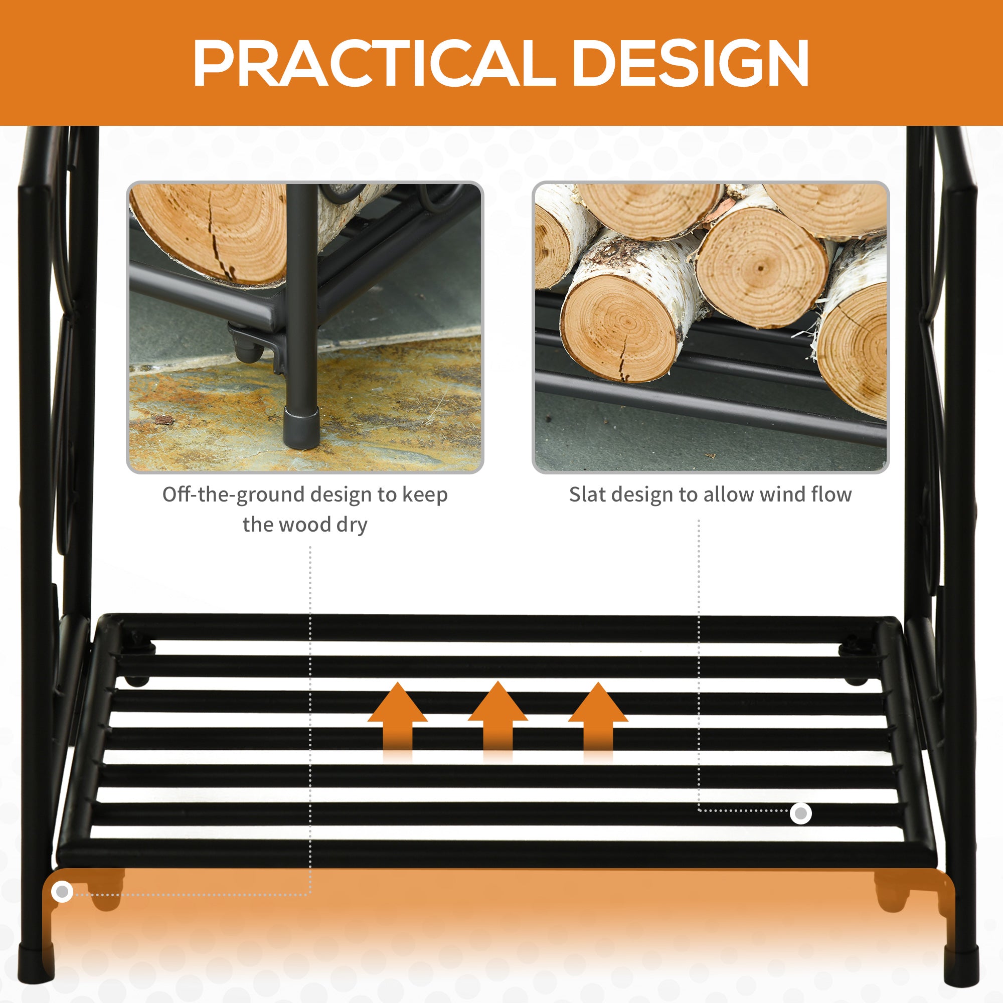 Outsunny Metal Firewood Log Holder Indoor Outdoor Firewood Rack Fireplace Wood Storage Shelf w/ Elegant Scrolls, Rust-Resistant, Black, 39.5L x 31.5W x 39.5H cm - North Peak Garden Furniture