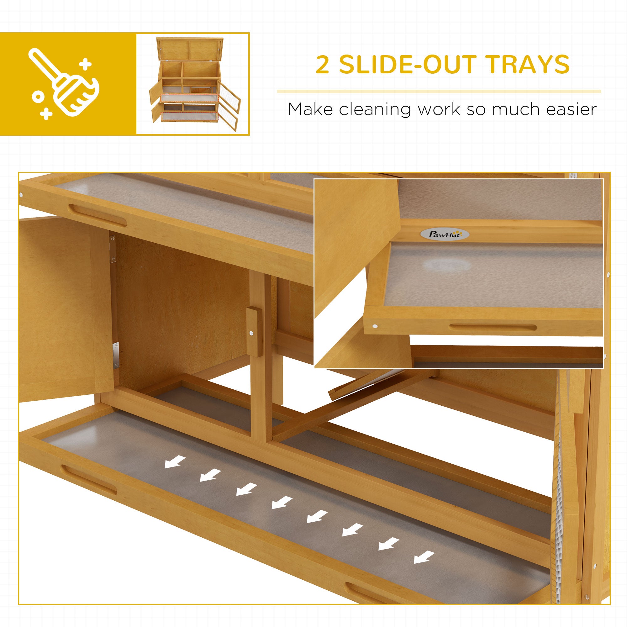 PawHut Double Decker Rabbit Hutch 2 Tier Guinea Pig House Pet Cage Outdoor with Sliding-out Tray, 100 x 47 x 91cm, Yellow - North Peak Garden Furniture