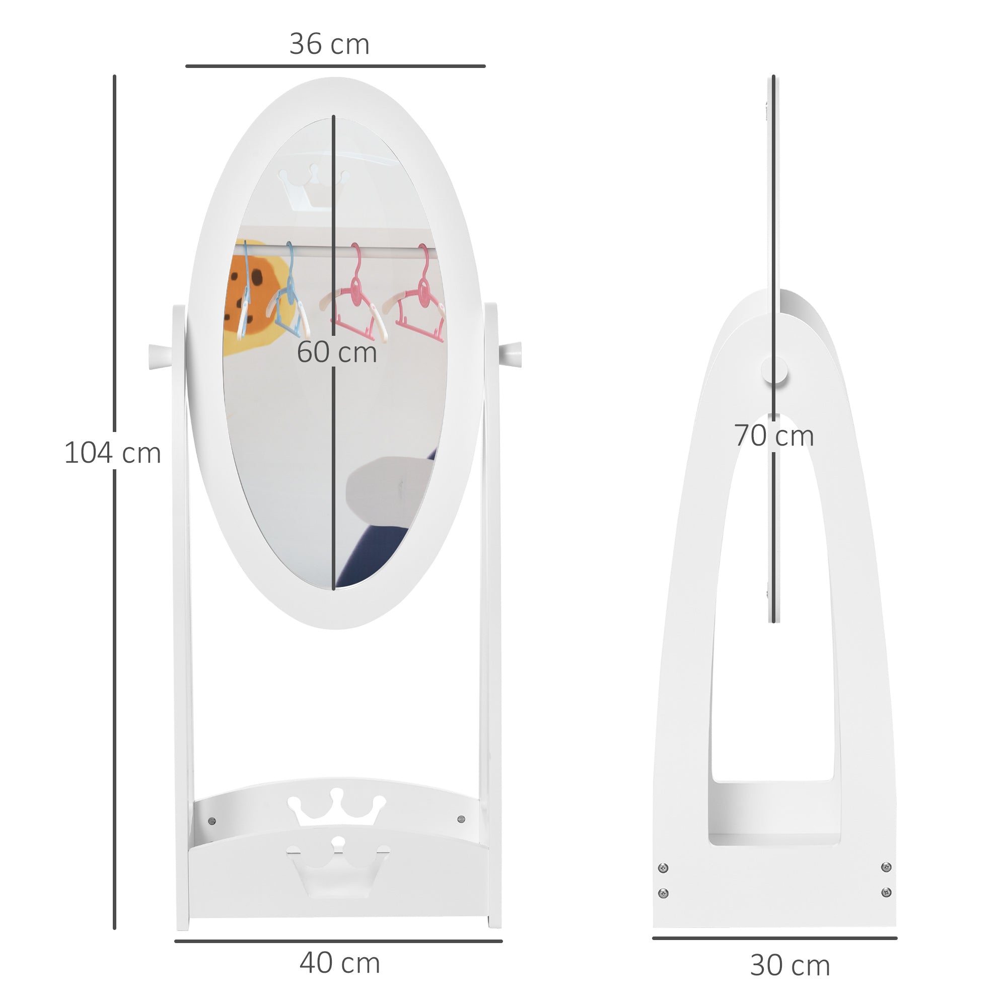 HOMCOM Free Standing Full Length Mirror, Child's Dressing Mirror with storage shelf, Children's White Bedroom Furniture 360° Rotation MDF, For 3- 8 Years Old, 40L x 30W x 104H cm