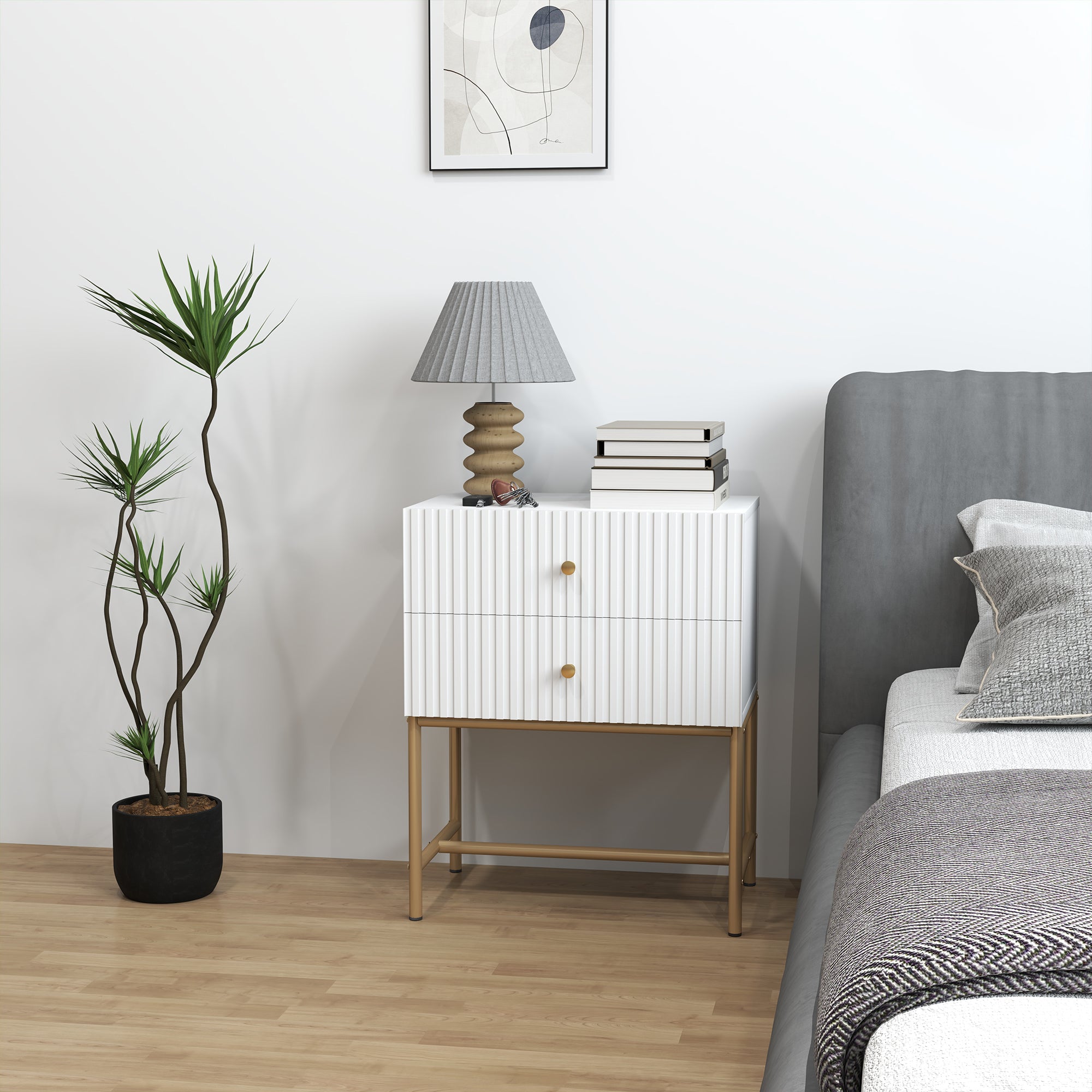 HOMCOM Elegant Two-Drawer Bedside Table - White - North Peak Garden Furniture