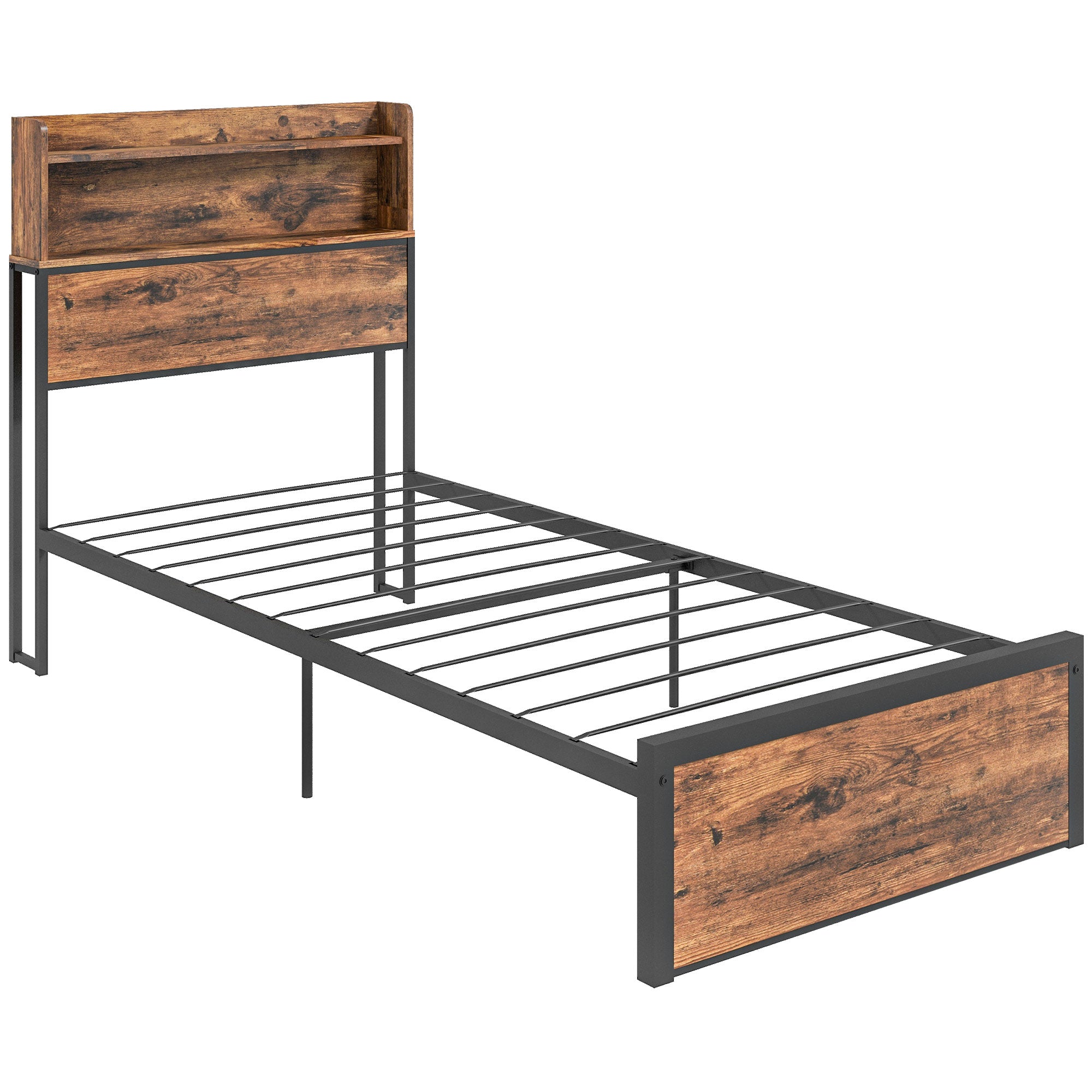 HOMCOM Industrial Single Bed Frame, 3.1FT Steel Bed Base with Storage Headboard, Footboard, Slatted Support and Under Bed Storage, 95 x 209cm, Rustic Brown - North Peak Garden Furniture
