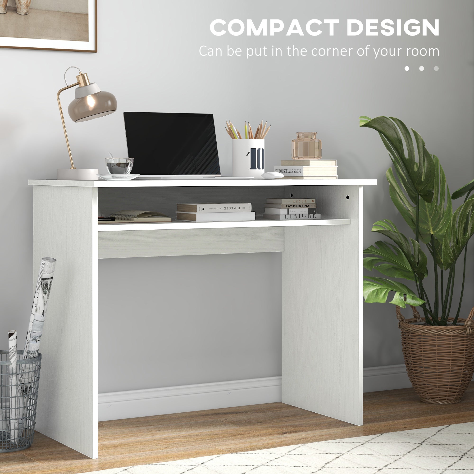 HOMCOM Modern Computer Desk, Home Office Table, Small Writing Desk with Storage Shelf, 90 x 50cm, White Wood Grain - North Peak Garden Furniture