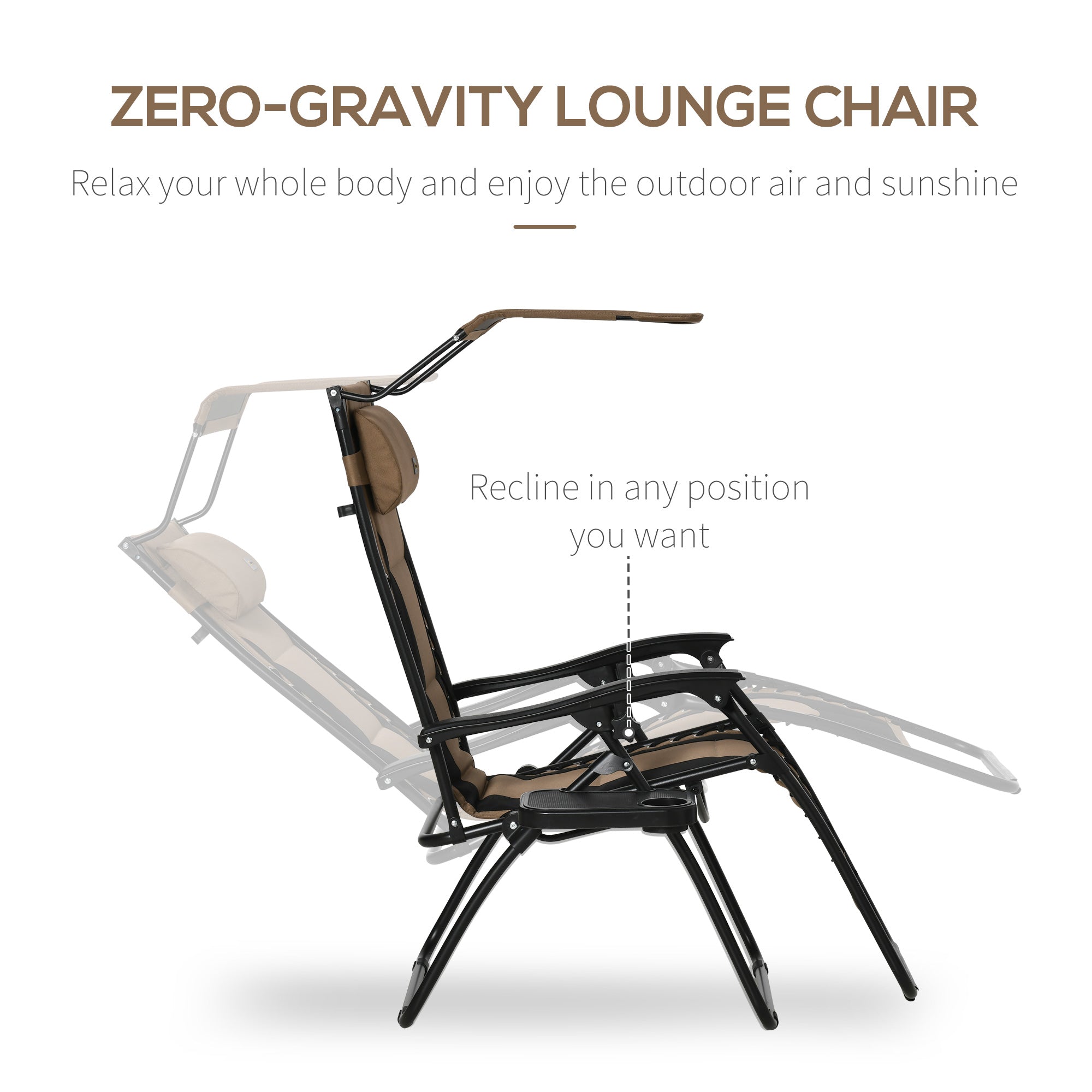 Outsunny Zero Gravity Lounger Chair, Folding Reclining Patio Chair with Shade Cover, Cup Holder, Soft Cushion and Headrest for Poolside, Camping, Brown