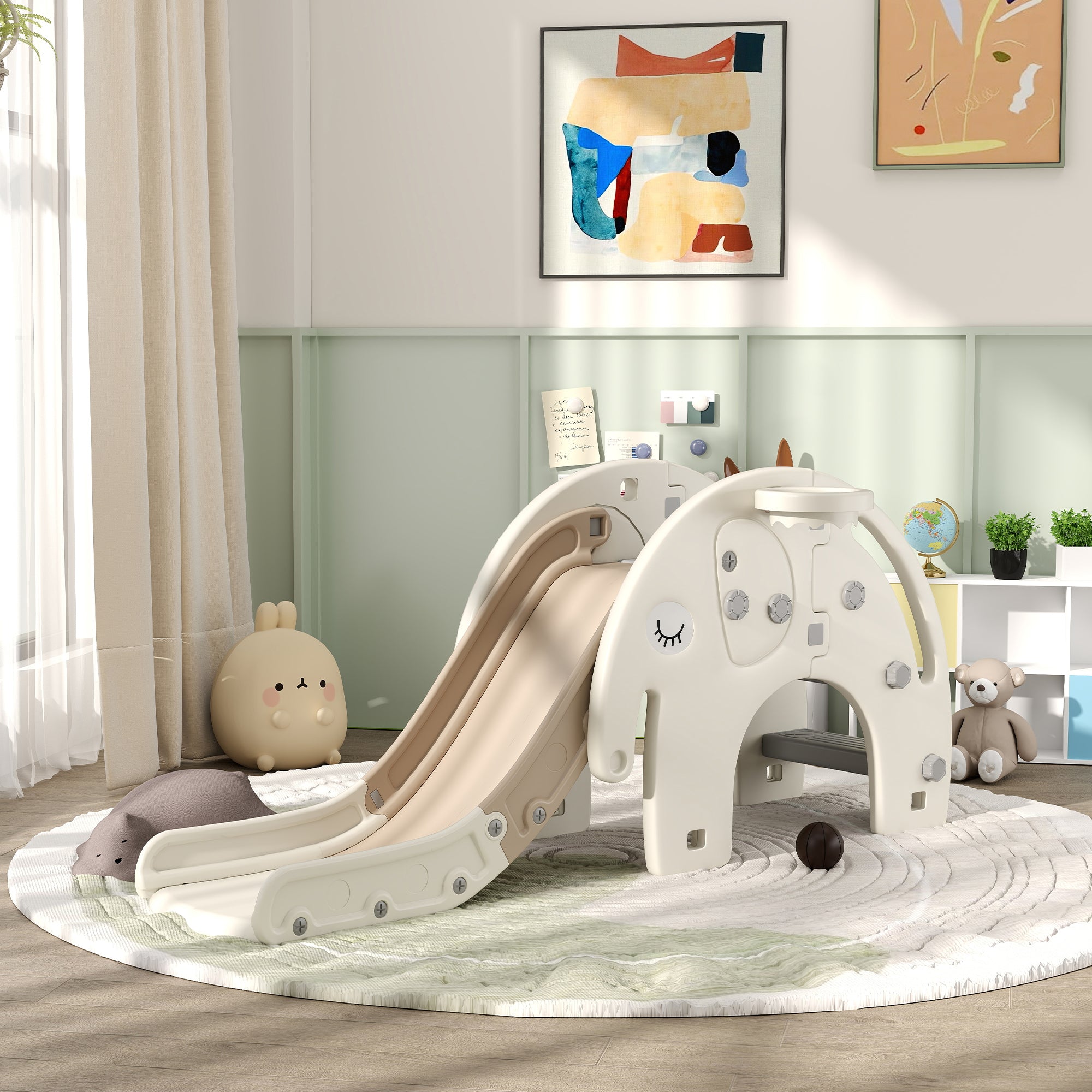 AIYAPLAY 3 in 1 Toddler Slide with Basketball Hoop, Climber, Elephant-Themed, for 1-3 Years, Cream White