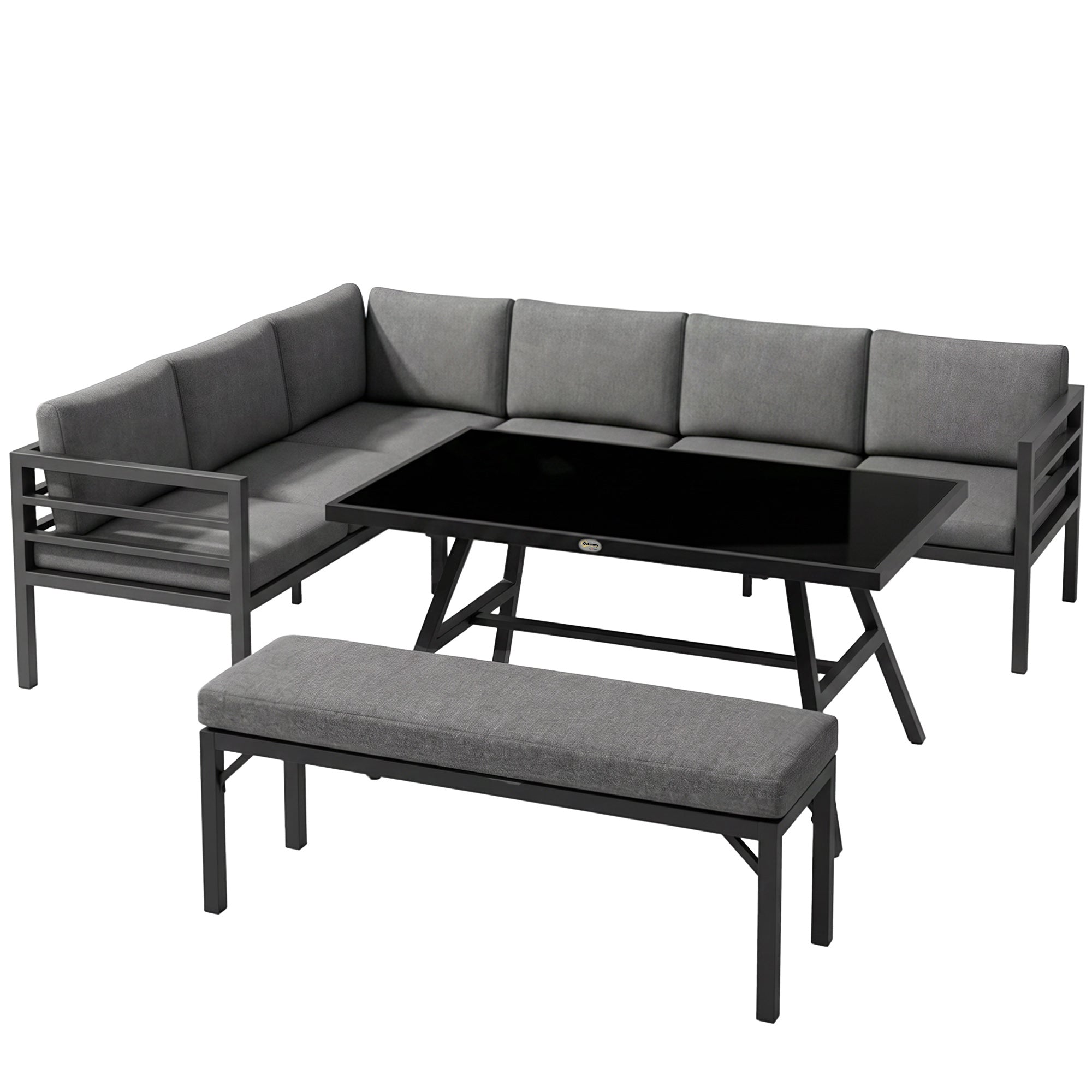 Outsunny 4 Piece L-shaped Garden Furniture Set 8-Seater Aluminium Outdoor Dining Set Conversation Sofa Set w/ Bench, Dining Table & Cushions, Grey