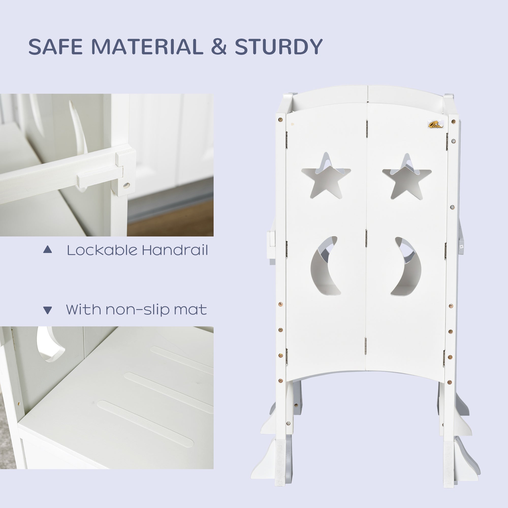 HOMCOM Kids Step Stool Toddler Kitchen Stool with Blackboard Lockable Handrail for Kids Kitchen Counter White - North Peak Garden Furniture