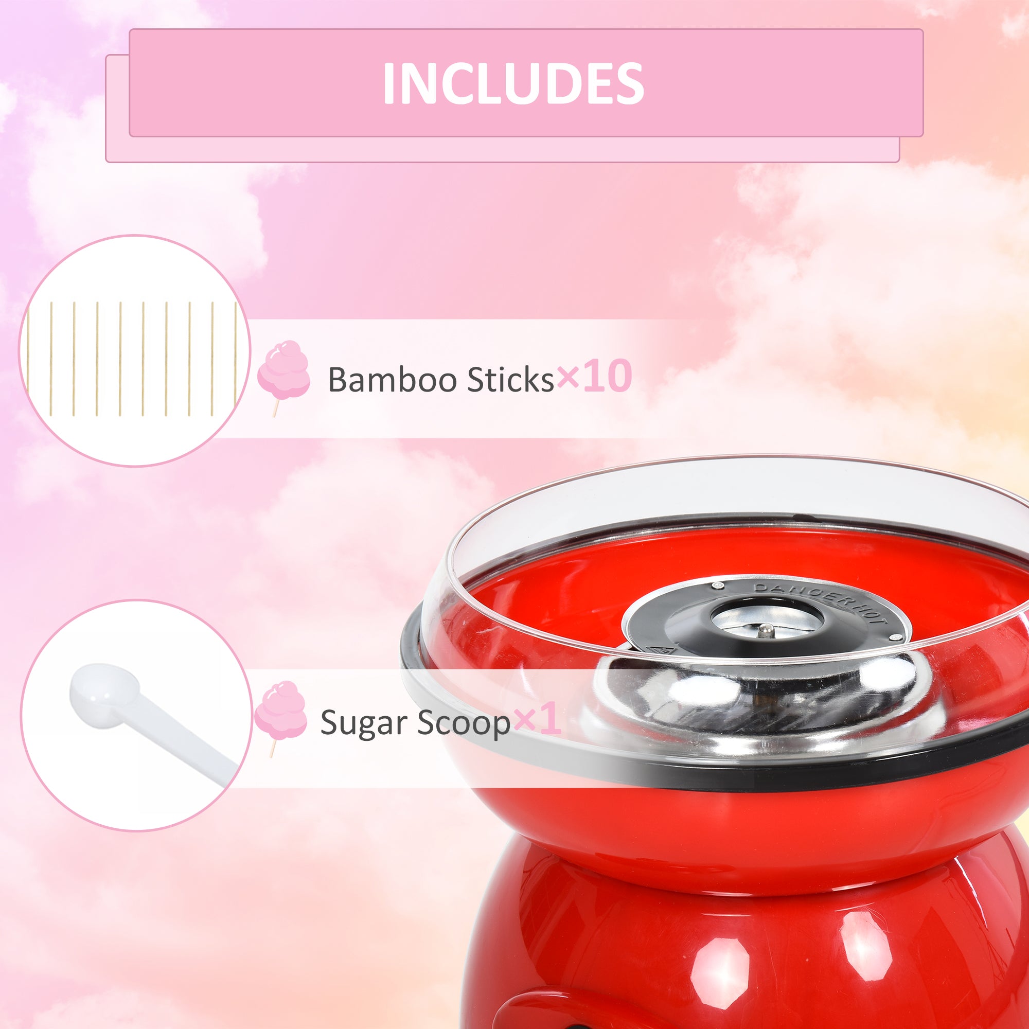 HOMCOM 450W Electric Candyfloss Machine Kit Non-Stick Plates Fairground Fun Children Adult Party Gift Home Sweet Metal Body w/ Accessories Red - North Peak Garden Furniture
