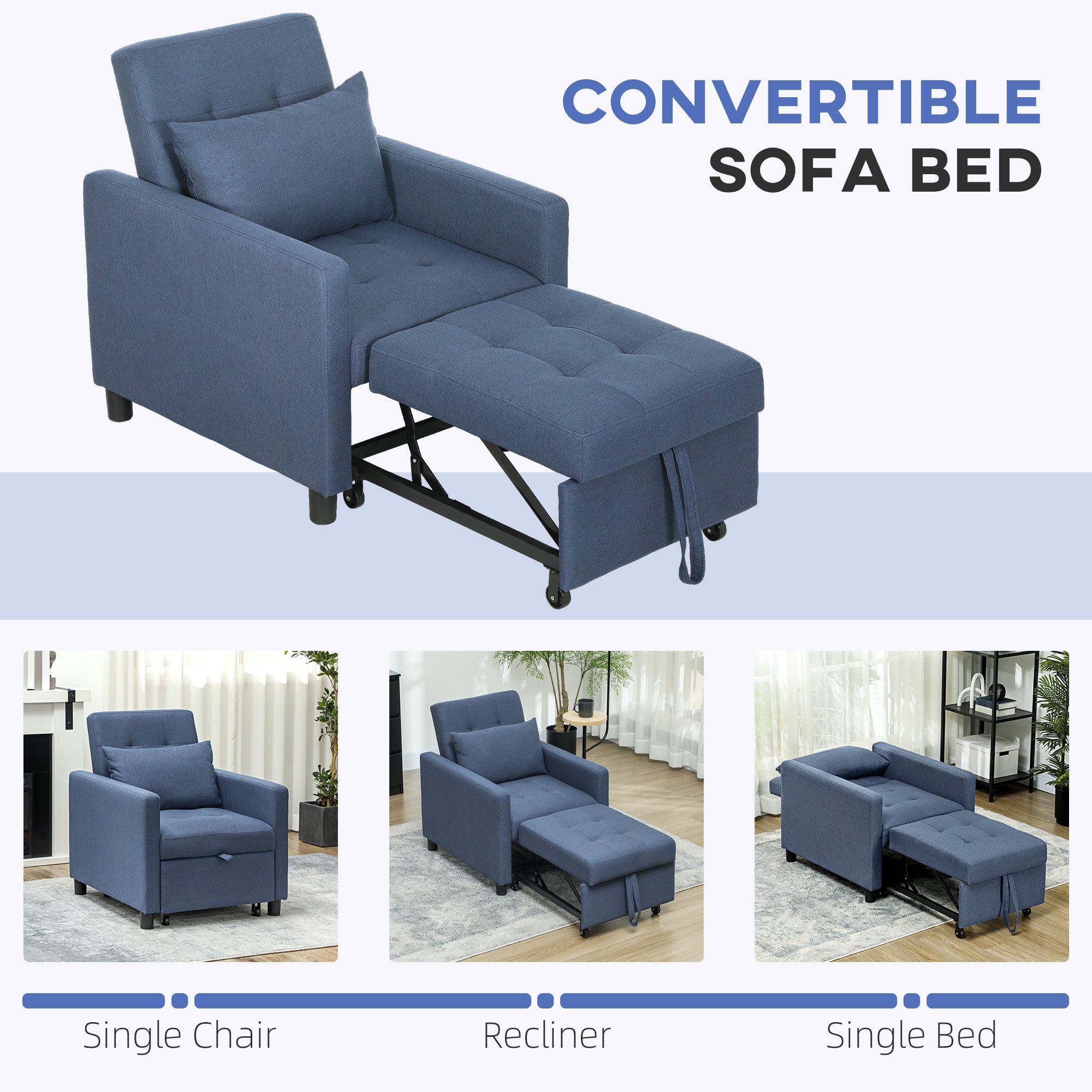 HOMCOM 3-In-1 Chair Bed, Convertible Sleeper Chair with Adjustable Backrest, Pillow and Footrest for Living Room, Blue - North Peak Garden Furniture