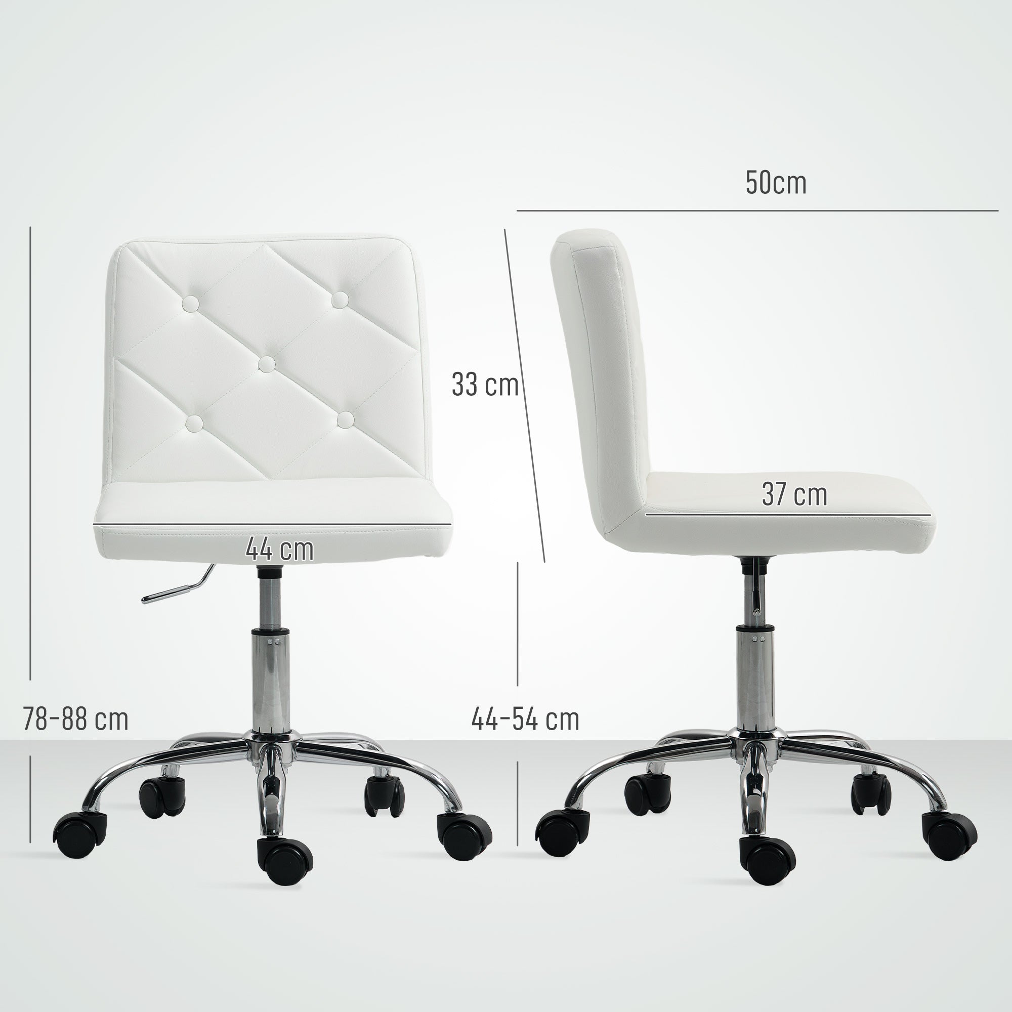 HOMCOM PU Leather Armless Office Chair, Modern Vanity Computer Swivel Chair with Rolling Wheels and Adjustable Height for Home Study, Bedroom, White - North Peak Garden Furniture
