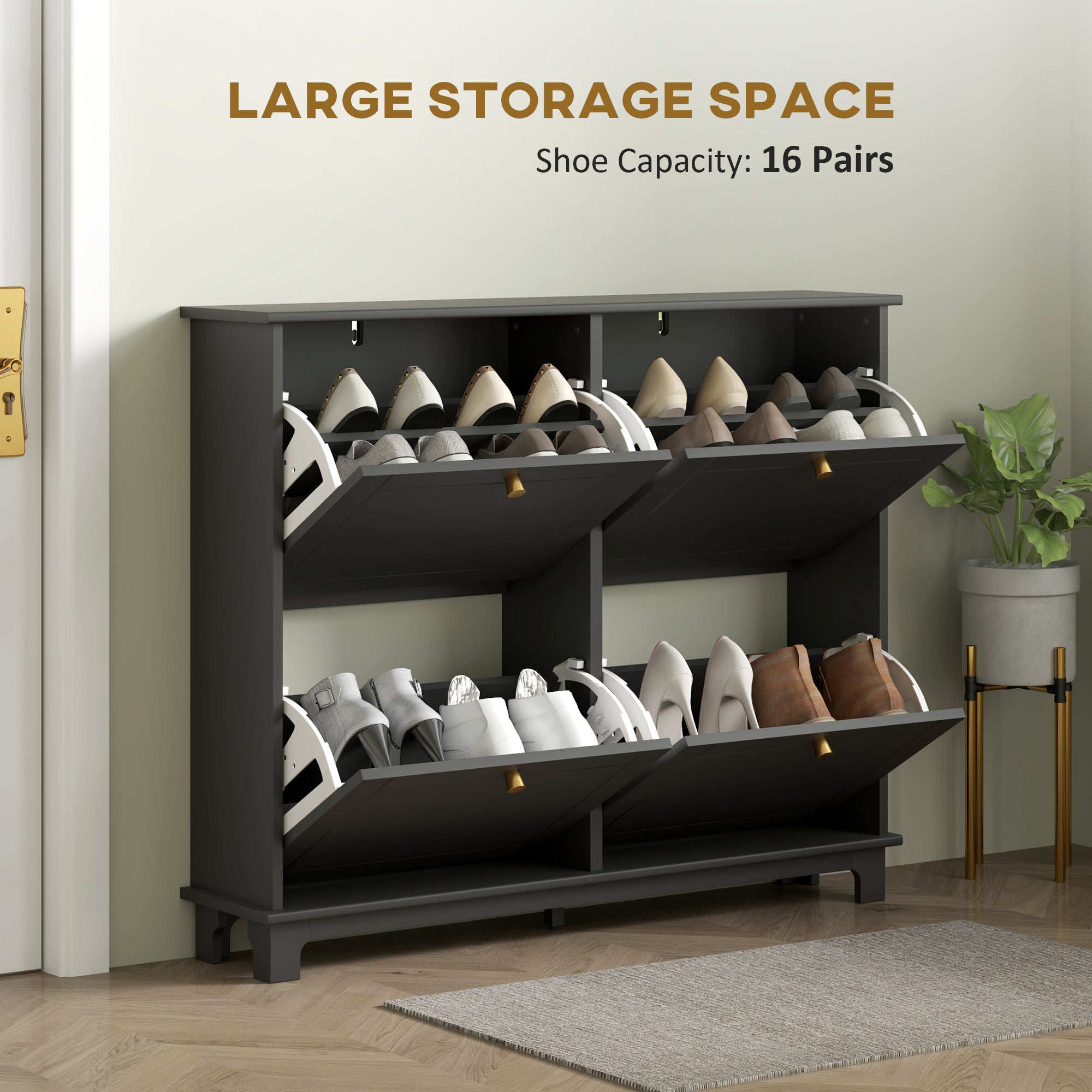 HOMCOM Narrow Shoe Storage Cabinet, Slim Shoe Cabinet with 4 Flip Drawers, Adjustable Shelves for 16 Pairs of Shoes, Black