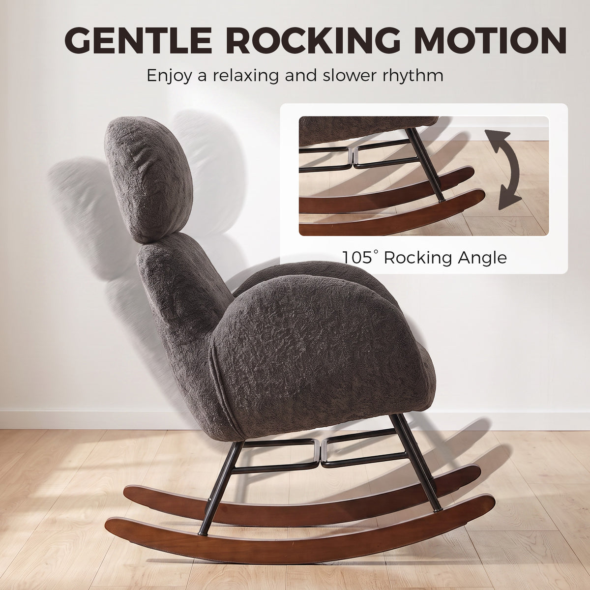 HOMCOM Upholstered Rocking Chair Adjustable Headrest Rocker Chair Raindrop Velvet Rubberwood Base Dark Grey