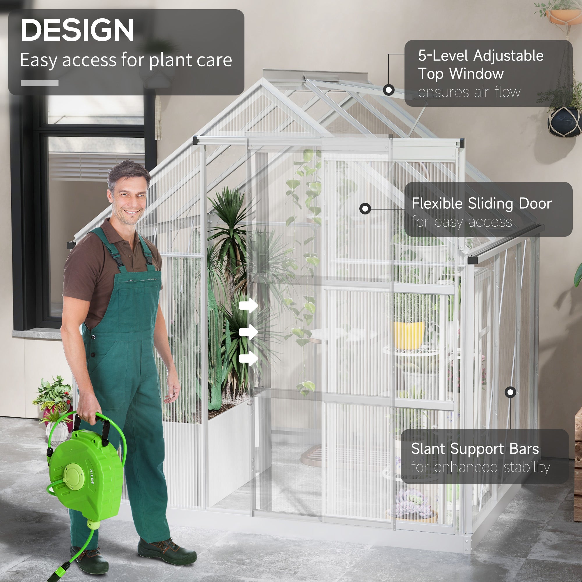 Outsunny 6 x 6ft Walk-In Greenhouse, Polycarbonate Greenhouse with Sliding Door, Window, Aluminium Frame, Foundation, Silver - North Peak Garden Furniture