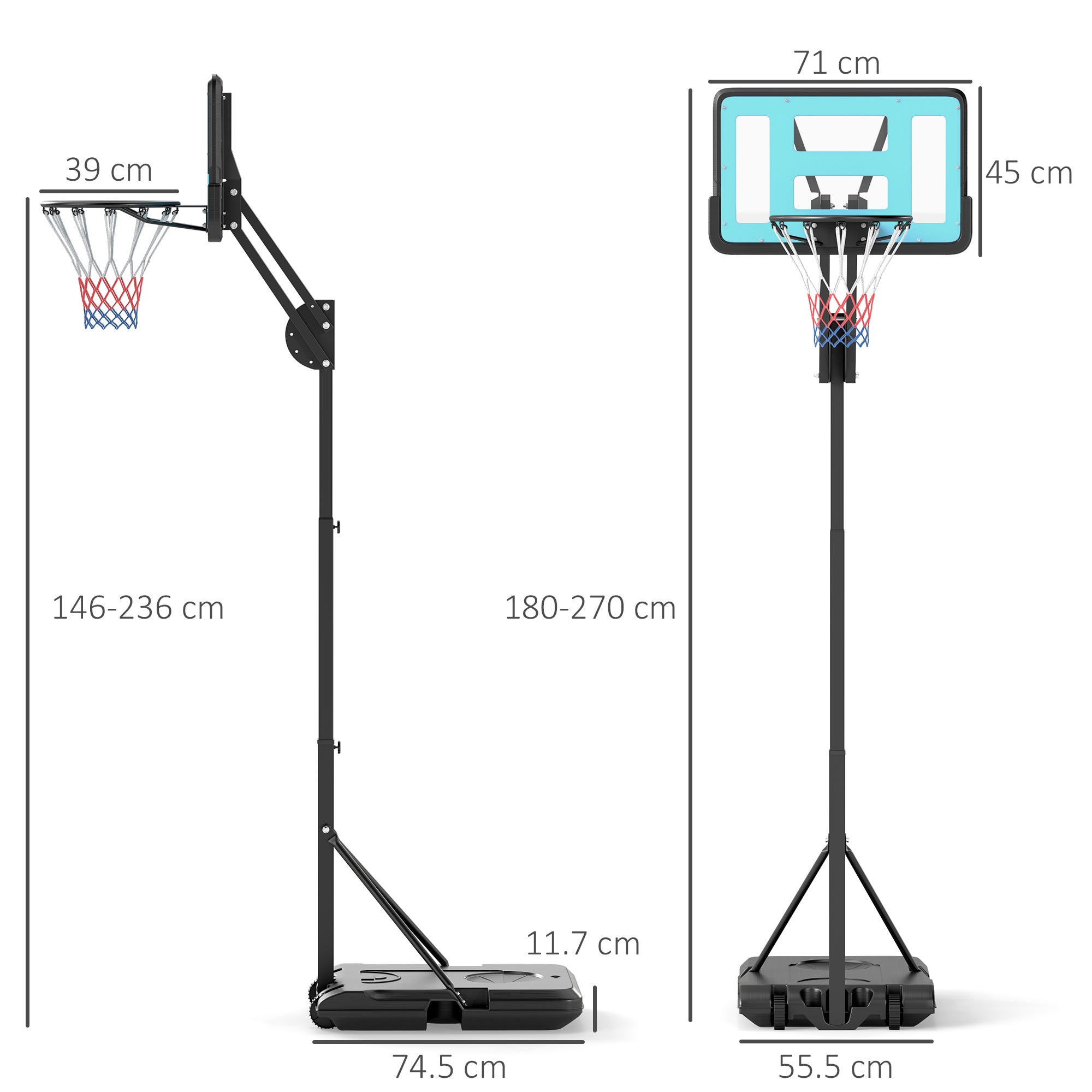 SPORTNOW Fully Adjustable Basketball Hoop Outdoor, 146-236cm Basketball Hoop and Stand with Weighted Base and Shatterproof Backboard, Portable on Wheels for Junior, Adults - North Peak Garden Furniture