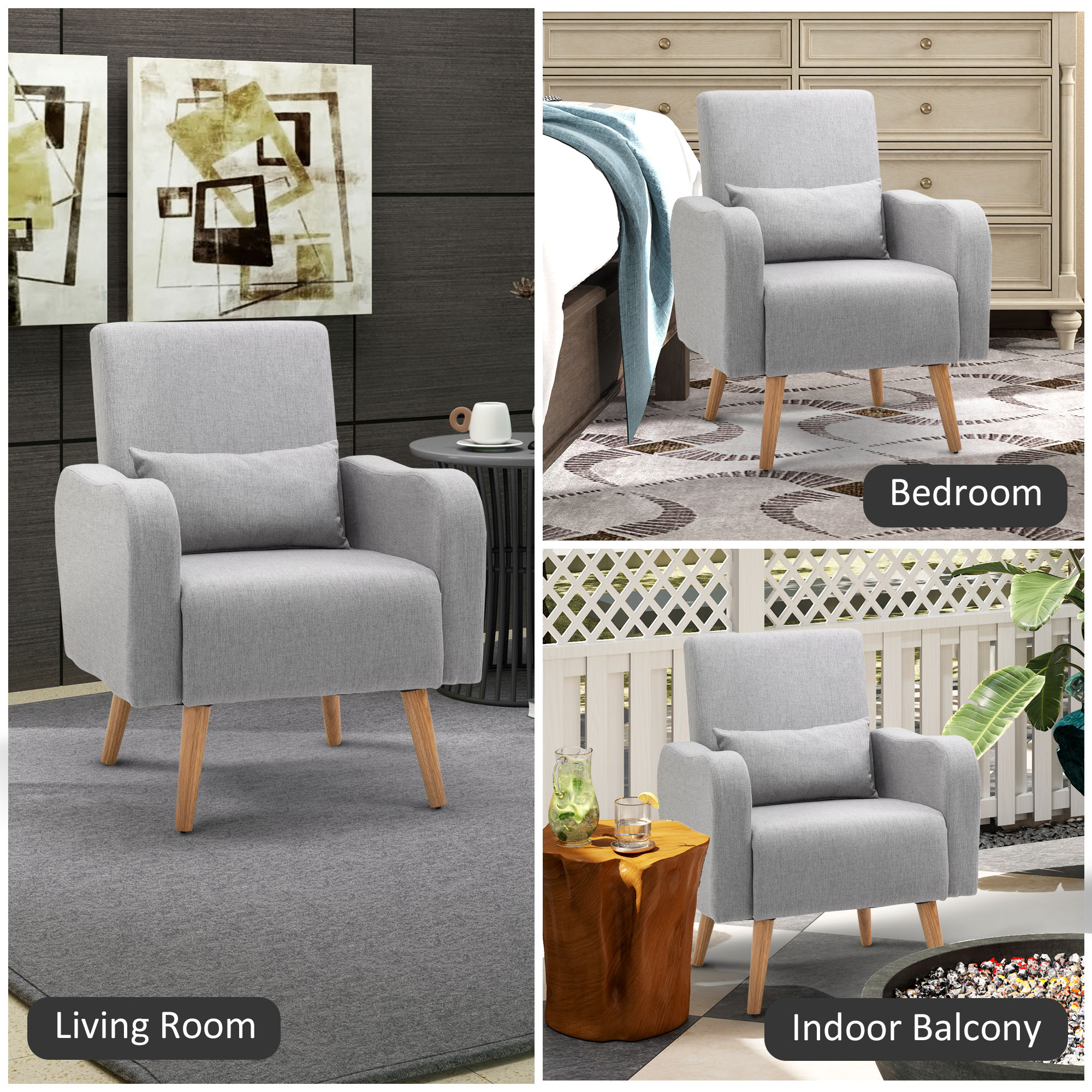 HOMCOM Accent Chair, Linen-Touch Armchair, Upholstered Leisure Lounge Sofa for Living Room, Club Chair with Wooden Frame, Grey - North Peak Garden Furniture