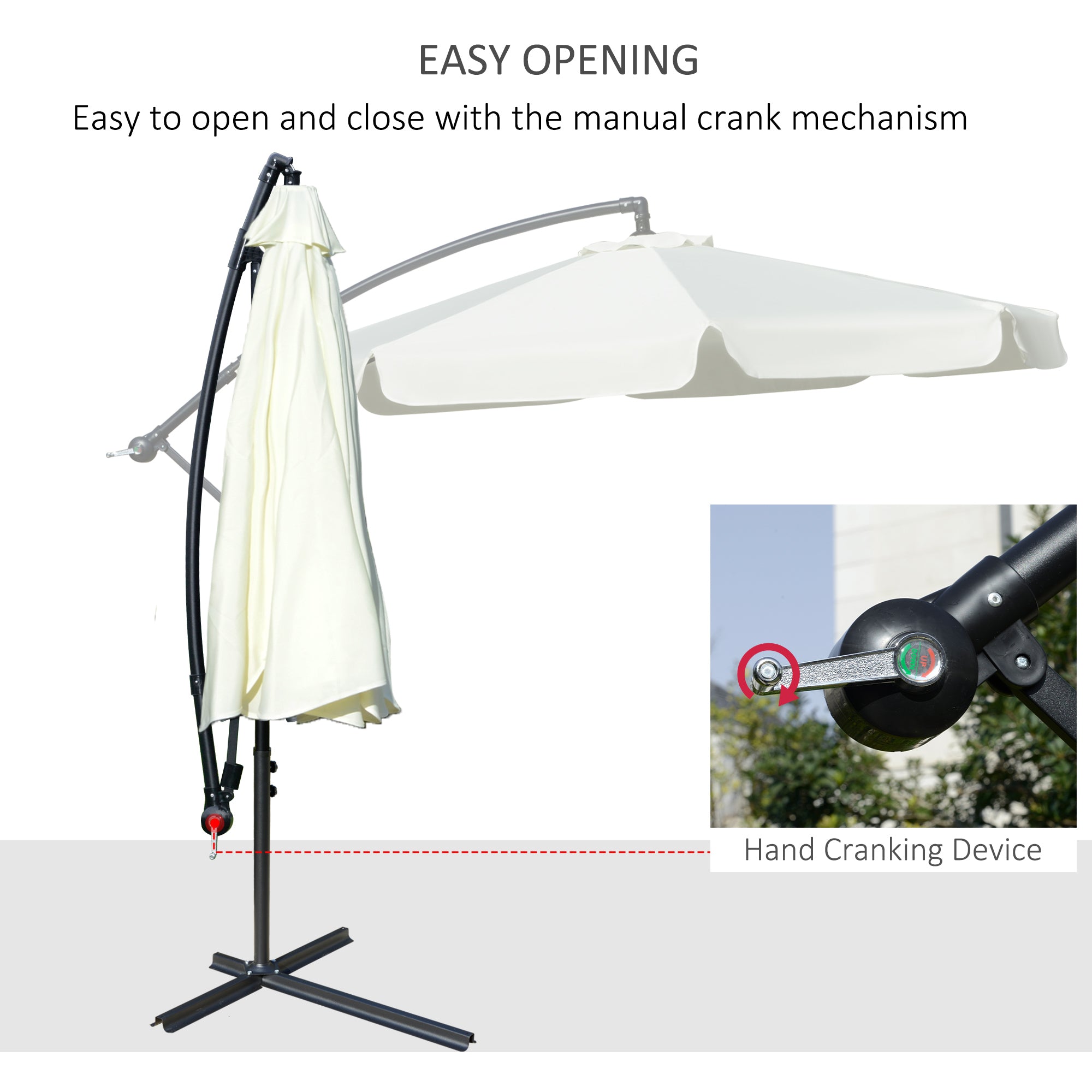 Outsunny 2.7m Garden Banana Parasol Cantilever Umbrella with Crank Handle and Cross Base for Outdoor, Hanging Sun Shade, Cream White - North Peak Garden Furniture