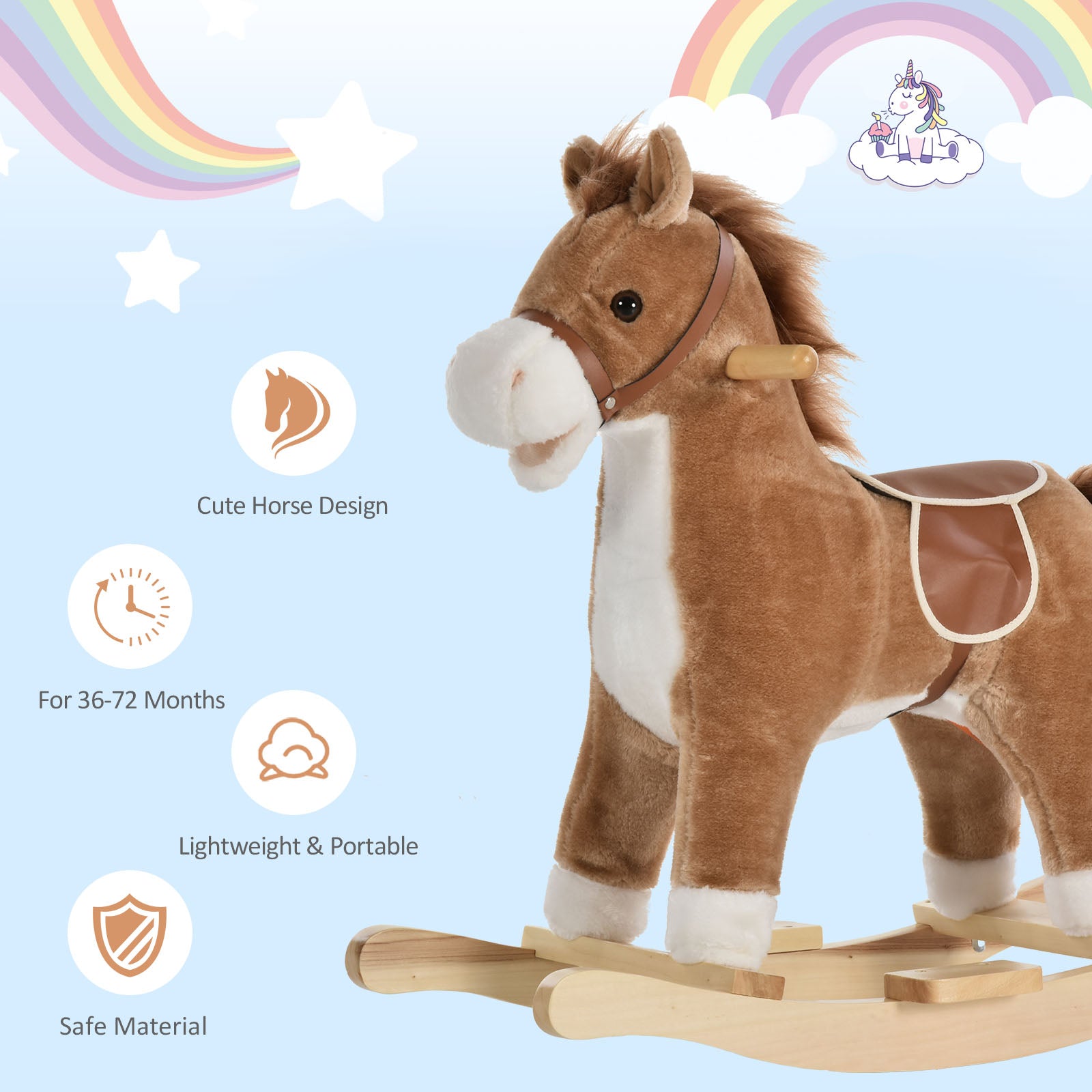 HOMCOM Kids Plush Rocking Horse w/ Sound Moving Mouth Wagging Tail Children Rocker Ride On Toy Gift 3-6 Years Brown - North Peak Garden Furniture