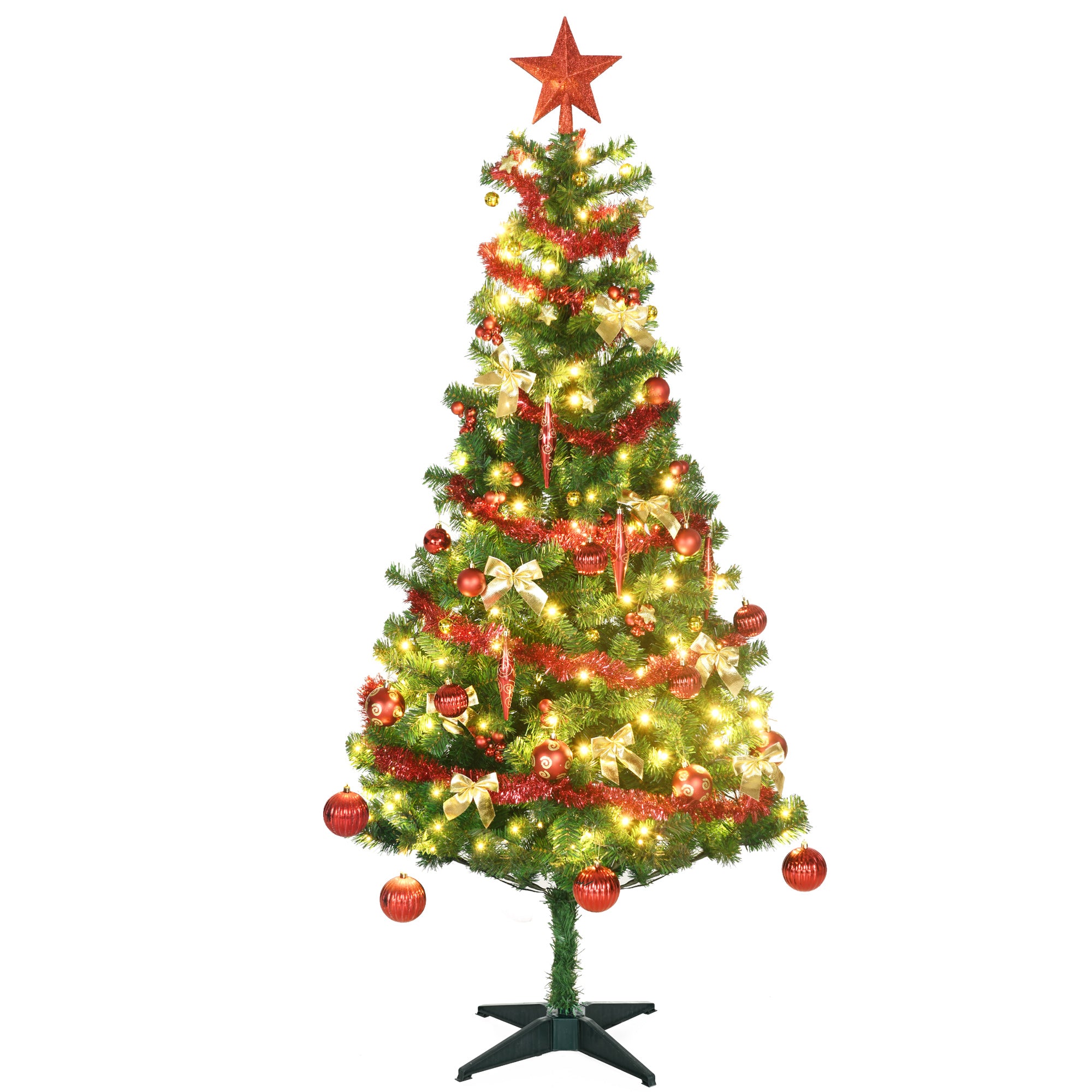 HOMCOM 6' Artificial Prelit Christmas Trees Holiday Décor with Warm White LED Lights, Auto Open, Tinsel, Ball, Star - North Peak Garden Furniture