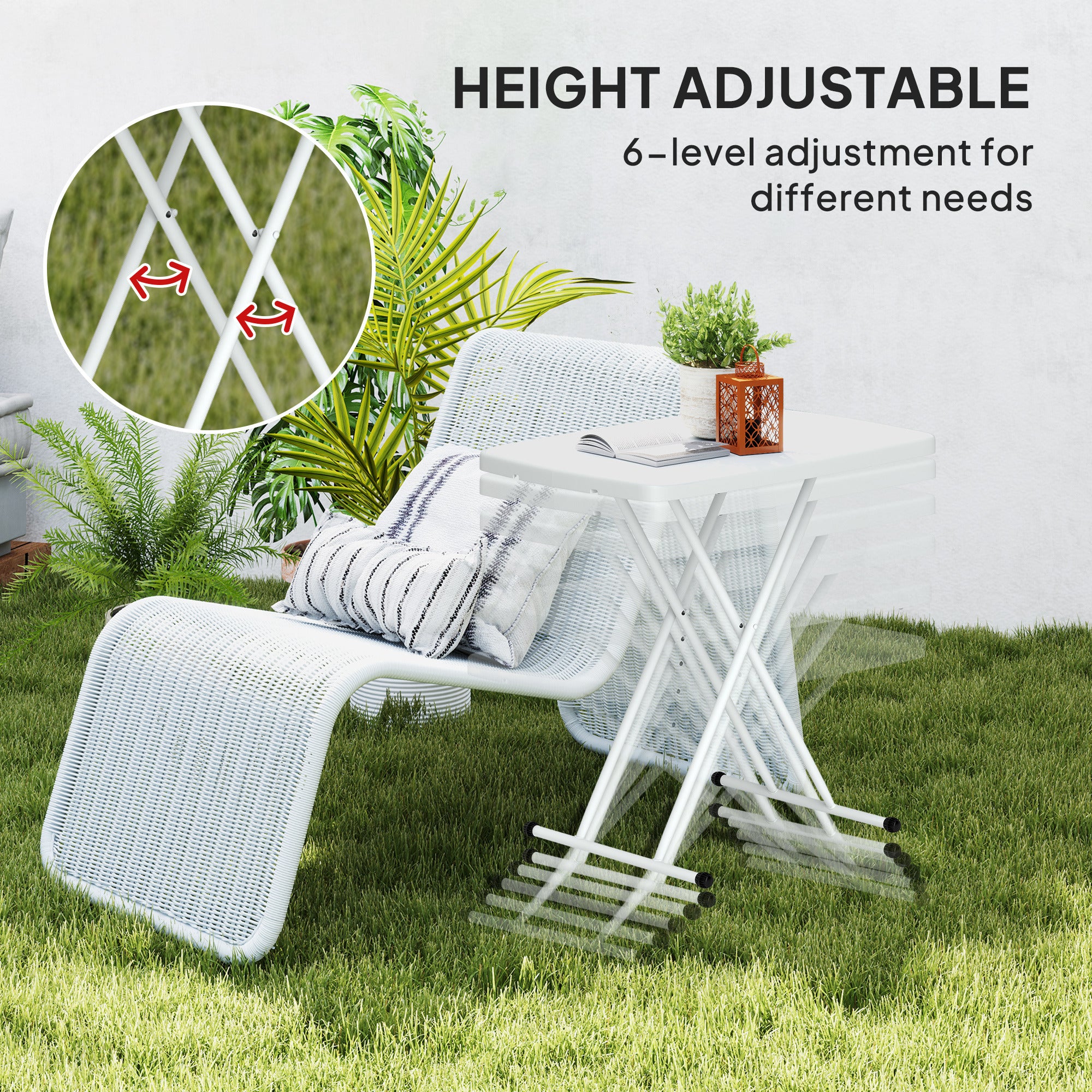 Outsunny Portable Folding Coffee Table, Height Adjustable Garden Table Bistro Table with HDPE Top and Metal Frame for Balcony Poolside Deck, White