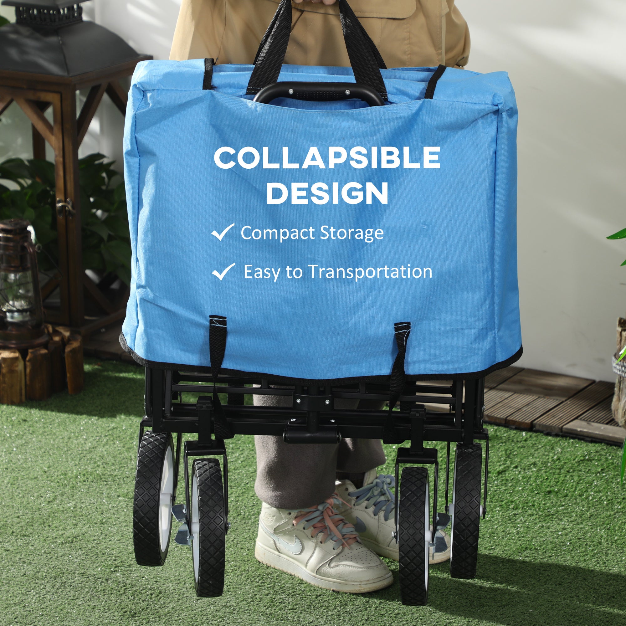 Outsunny 90L Folding Garden Trolley Cart Pull Along Wagon with Telescopic Handle for Beach Camping Festival - Blue - North Peak Garden Furniture