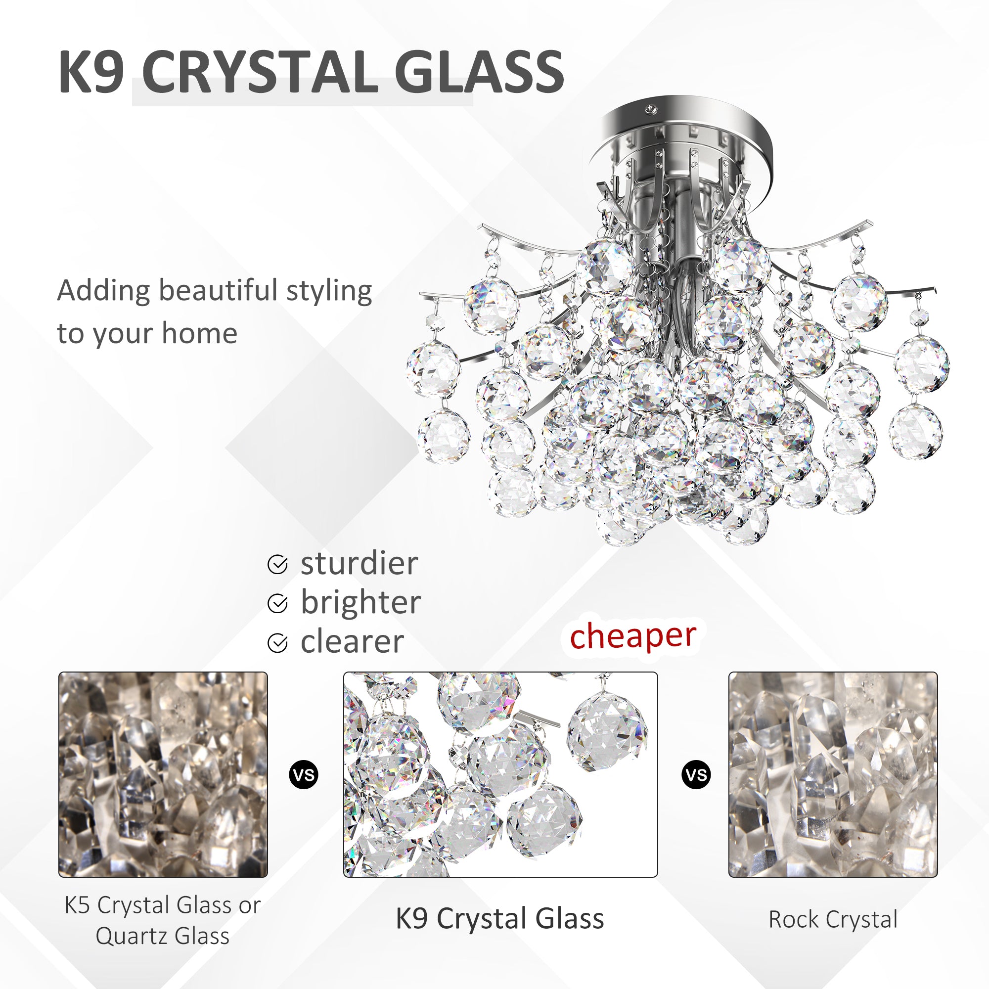 HOMCOM 3 Lights Mordern Style Ceiling Chandelier Pendant Crystal Light w/ Transparent K9 Crystal Droplets D40 X 28H (CM)