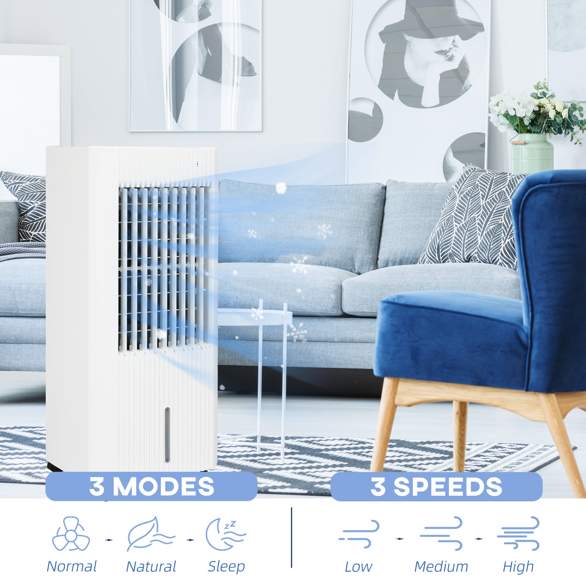 HOMCOM Portable 3-in-1 Air Cooler with 5 Litre Capacity, Oscillation, LED Display, Remote, 15 Hour Timer, Evaporative Air Cooler Fan with 3 Speeds, 3 Modes, Ice Packs, for Home Office - North Peak Garden Furniture