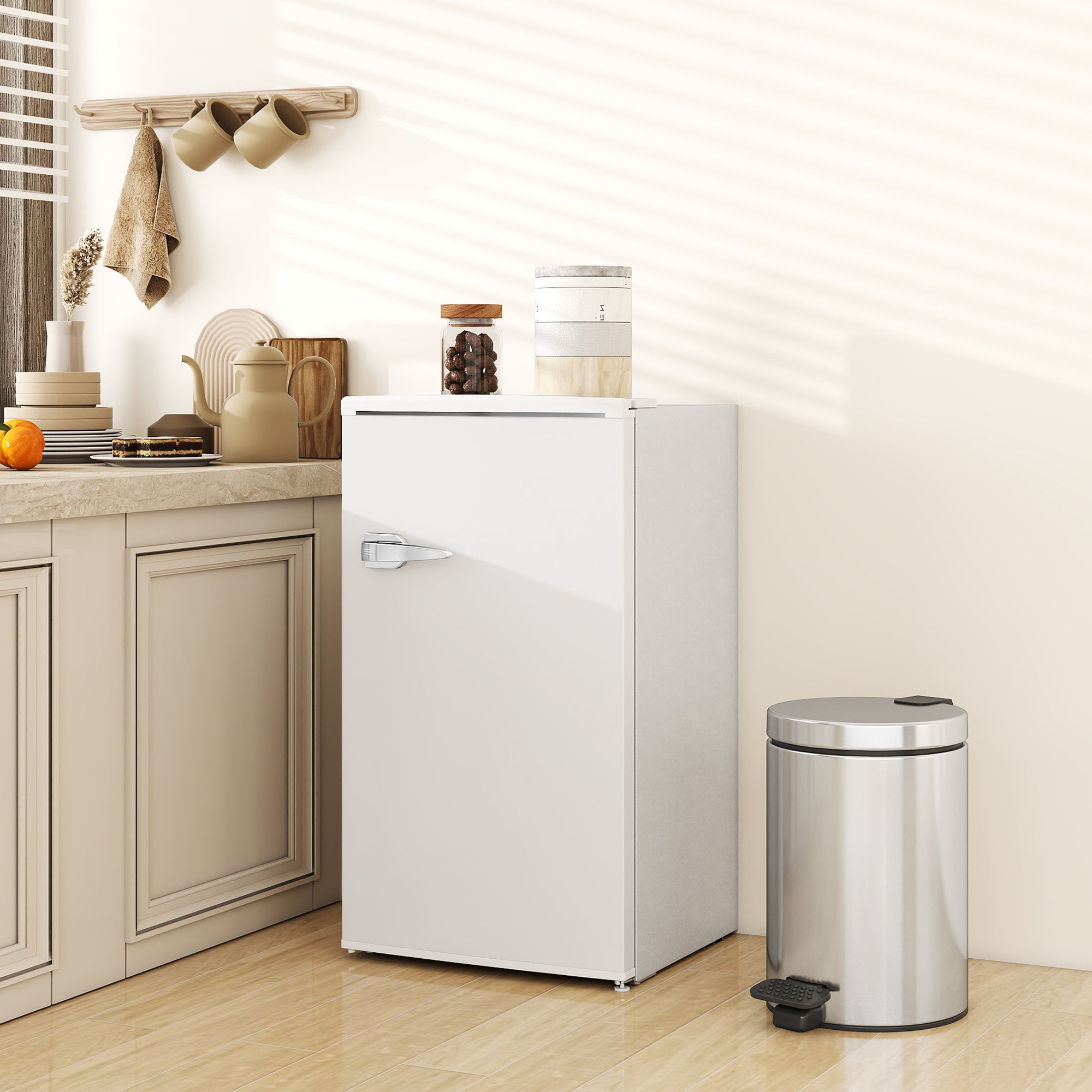 HOMCOM Under Counter Fridge, 85L Small Retro Refrigerator with Chiller Box, Adjustable Thermostat, Glass Shelves, White - North Peak Garden Furniture