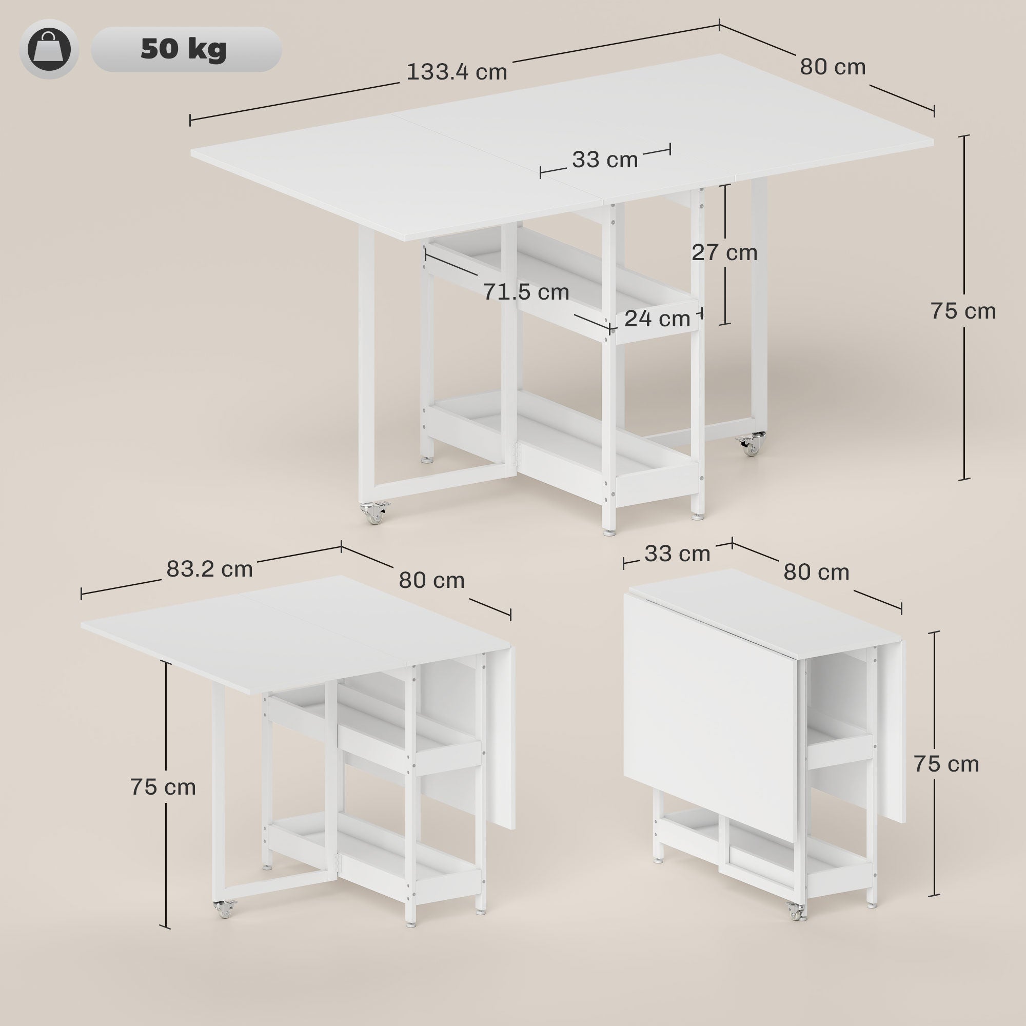 HOMCOM Industrial Folding Dining Table, Drop Leaf Table with Open Compartments for Small Spaces, Kitchen, Dining Room, White - North Peak Garden Furniture