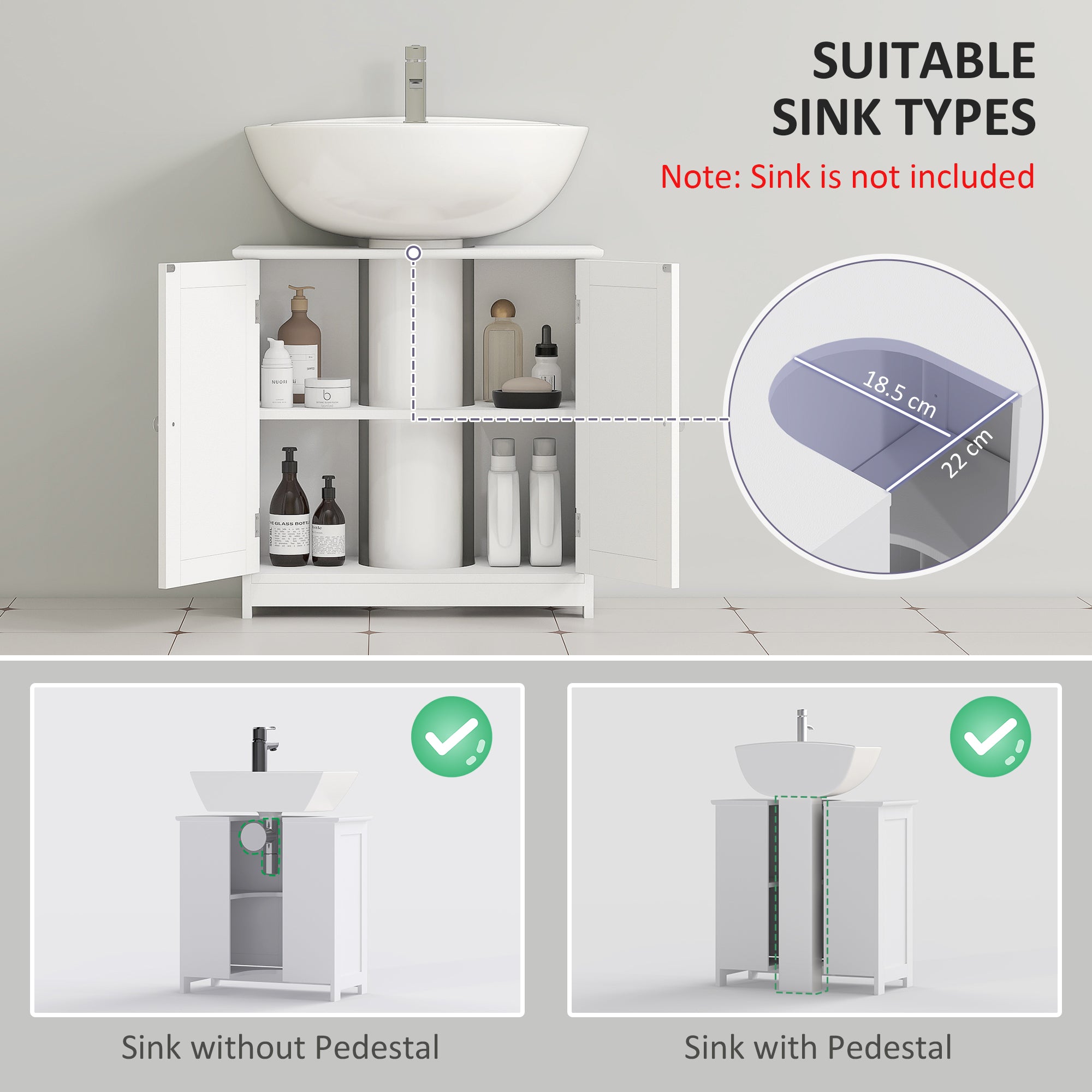 kleankin 60x60cm Under-Sink Storage Cabinet w/ Adjustable Shelf Handles Drain Hole Bathroom Cabinet Space Saver Organizer White - North Peak Garden Furniture