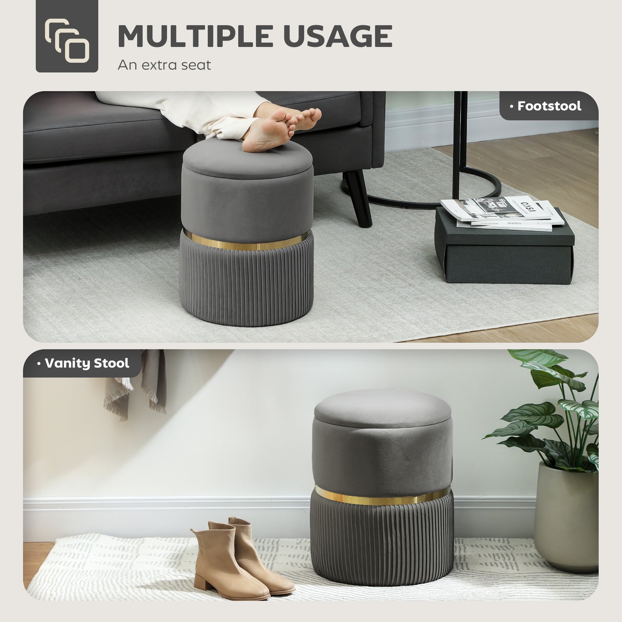 HOMCOM Velvet-Feel Storage Ottoman - Grey