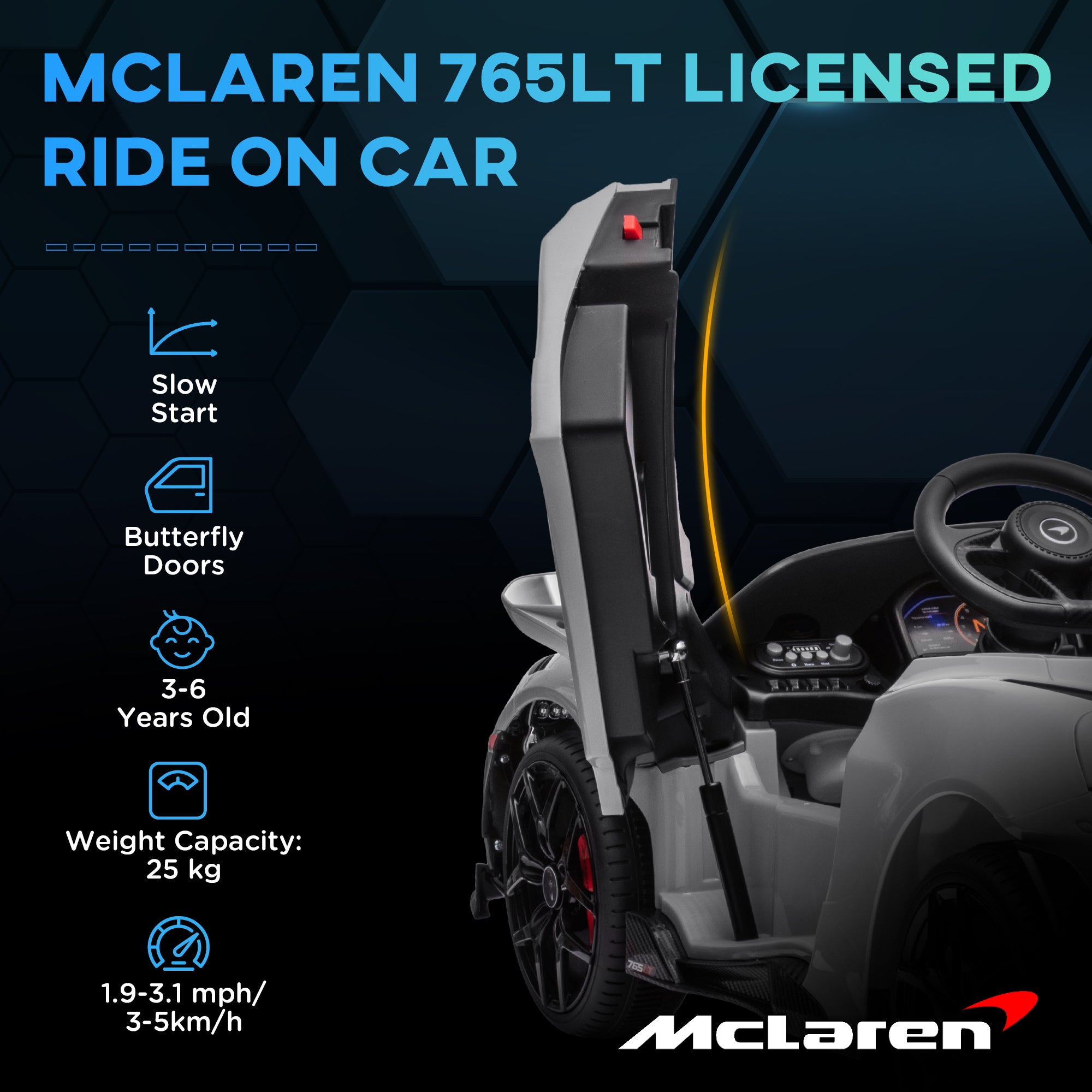 AIYAPLAY McLaren 765LT Licensed 12V Kids Electric Ride on Car with Butterfly Doors Remote Control Transport Wheels Grey - North Peak Garden Furniture