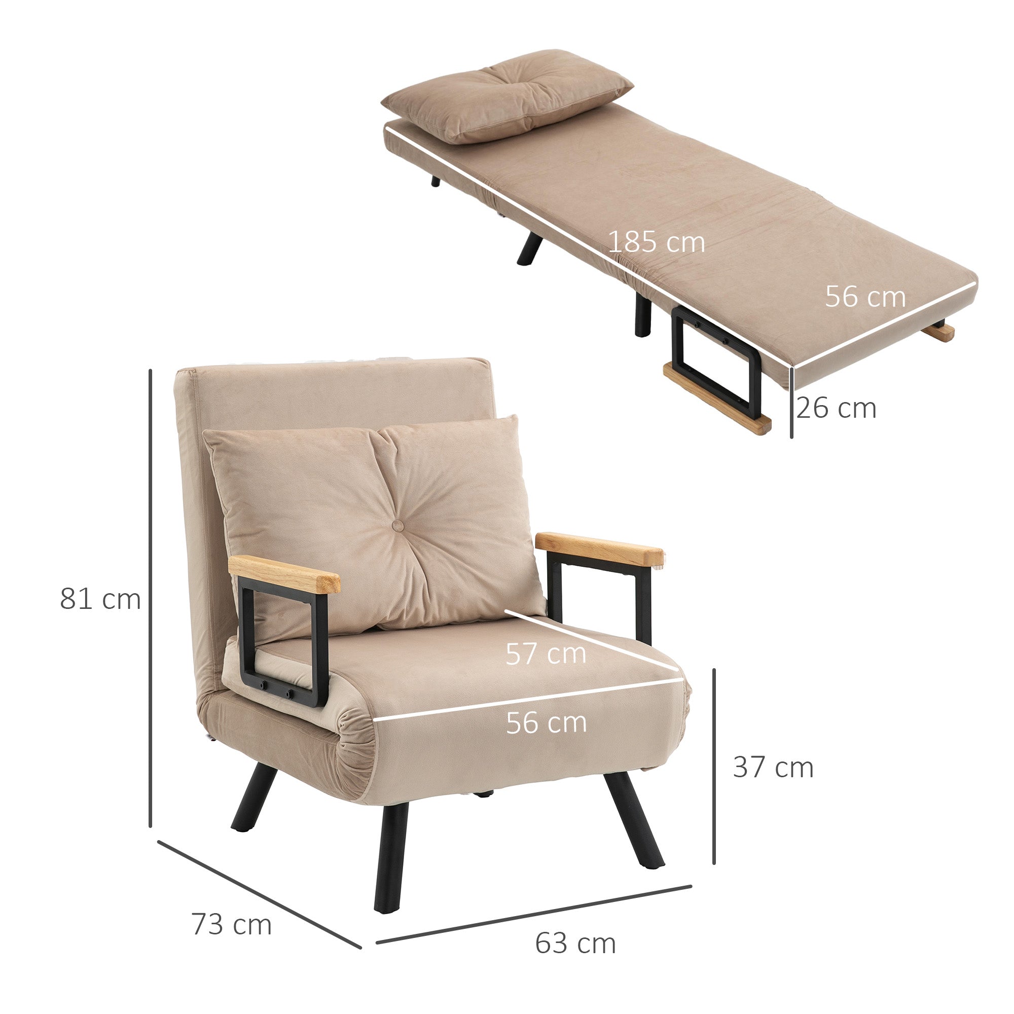HOMCOM 4-in-1 Velvet-Feel Single Chair Bed, with Pillow - Beige - North Peak Garden Furniture