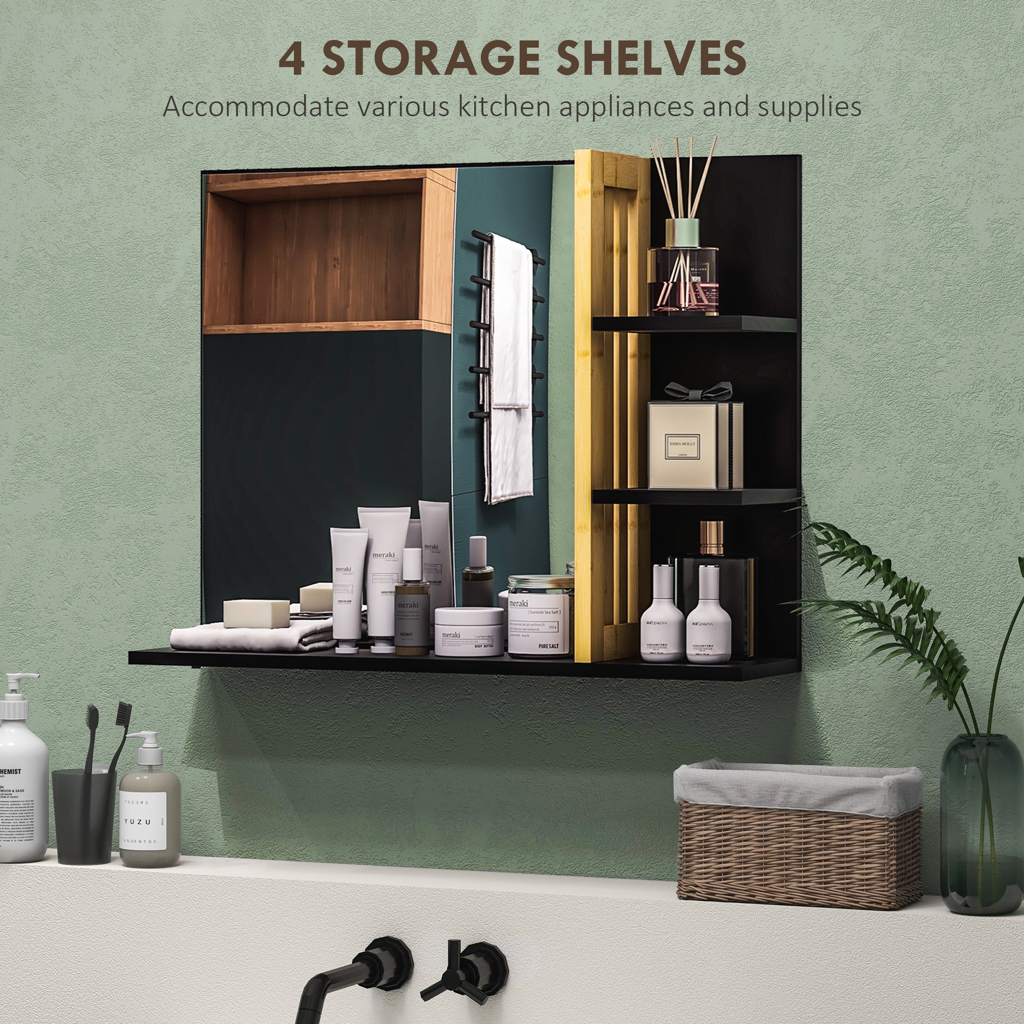 HOMCOM Bamboo Panel Bathroom Mirror, with Shelves - North Peak Garden Furniture