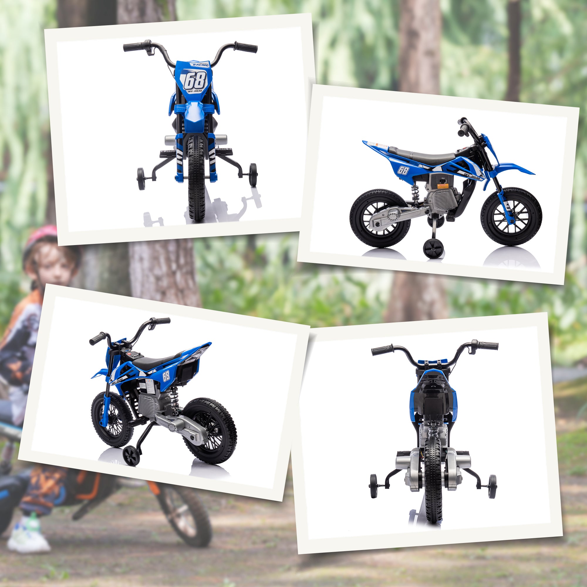 AIYAPLAY 12V Kids Electric Motorbike, Kids Electric Ride on motorcycle w/ Twist Grip Throttle, Training Wheels, Blue - North Peak Garden Furniture