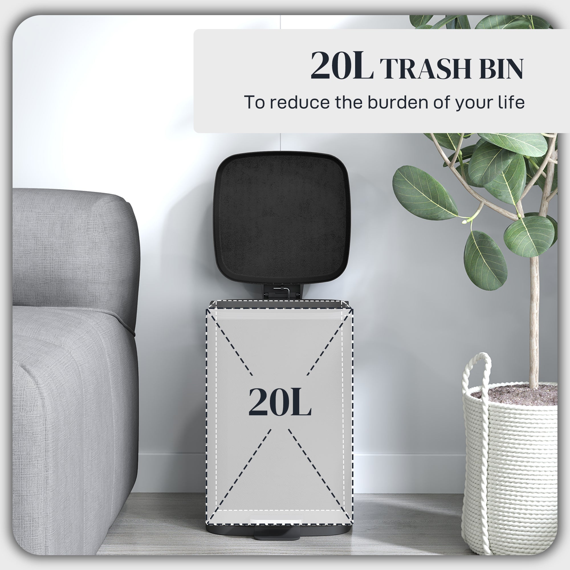 HOMCOM 20L Modern Boxy Metal Home Kitchen Bin - Black - North Peak Garden Furniture